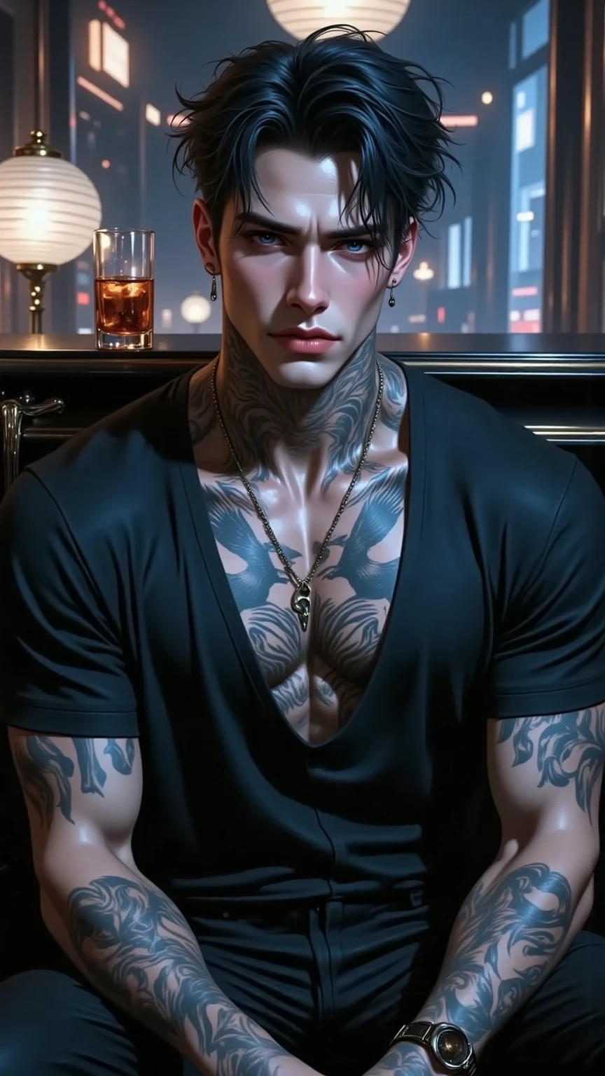 (absurdres, highres, ultra detailed, Ultra HD), a muscular handsome man, (wearing a ruby red colour open silk shirt), (tattooed chest: 1.2), red hair, short hairstyle, large bare chest, largest breast, extremely large pectorals, big nipples, detailed face, perfect facial features, smooth skin, beautiful, gorgeous, wet, mature, perfect eyes, sexy gaze, looking at the viewers romantically, (chest tattoos only),