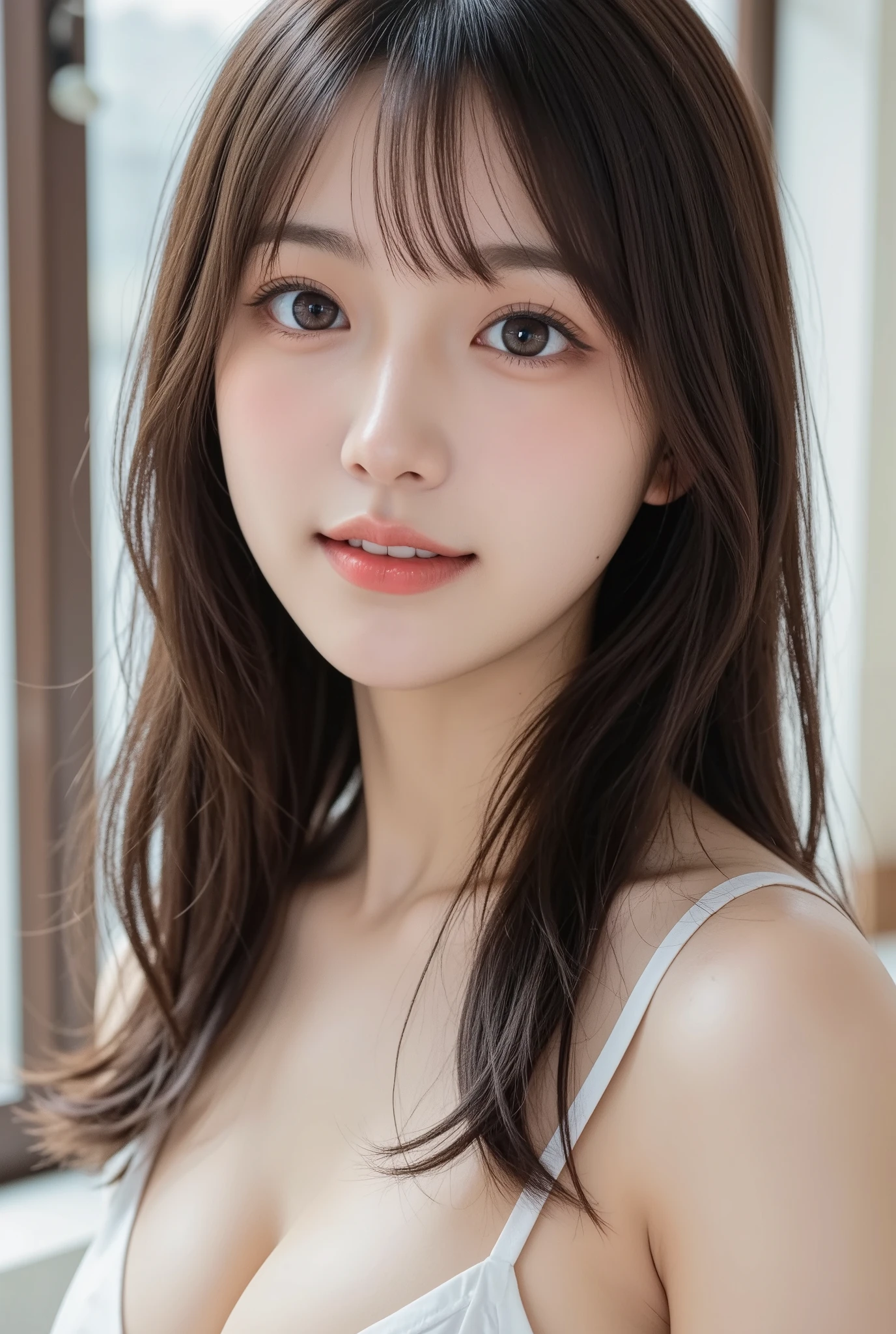 Tabletop, Highest quality, shape, Very detailed, finely, High resolution, 8k wallpaper, 完璧なダイナミックな構shape, Beautiful and exquisite,ランダムなcute髪,,Natural color lip, Bold sexy pose,smile、20-year-old girl、cute、Looking into the camera,Always blur the background,Perfect and beautiful face,Slim face and figure,Big eyes、Putting on gal makeup,Small face,Shooting from below、Blurred Background,Elegant feminine face、smile、Actual Photos、Loritach、Actual photo、RAW Photos、Real human skin,finely描かれた肌:1,4