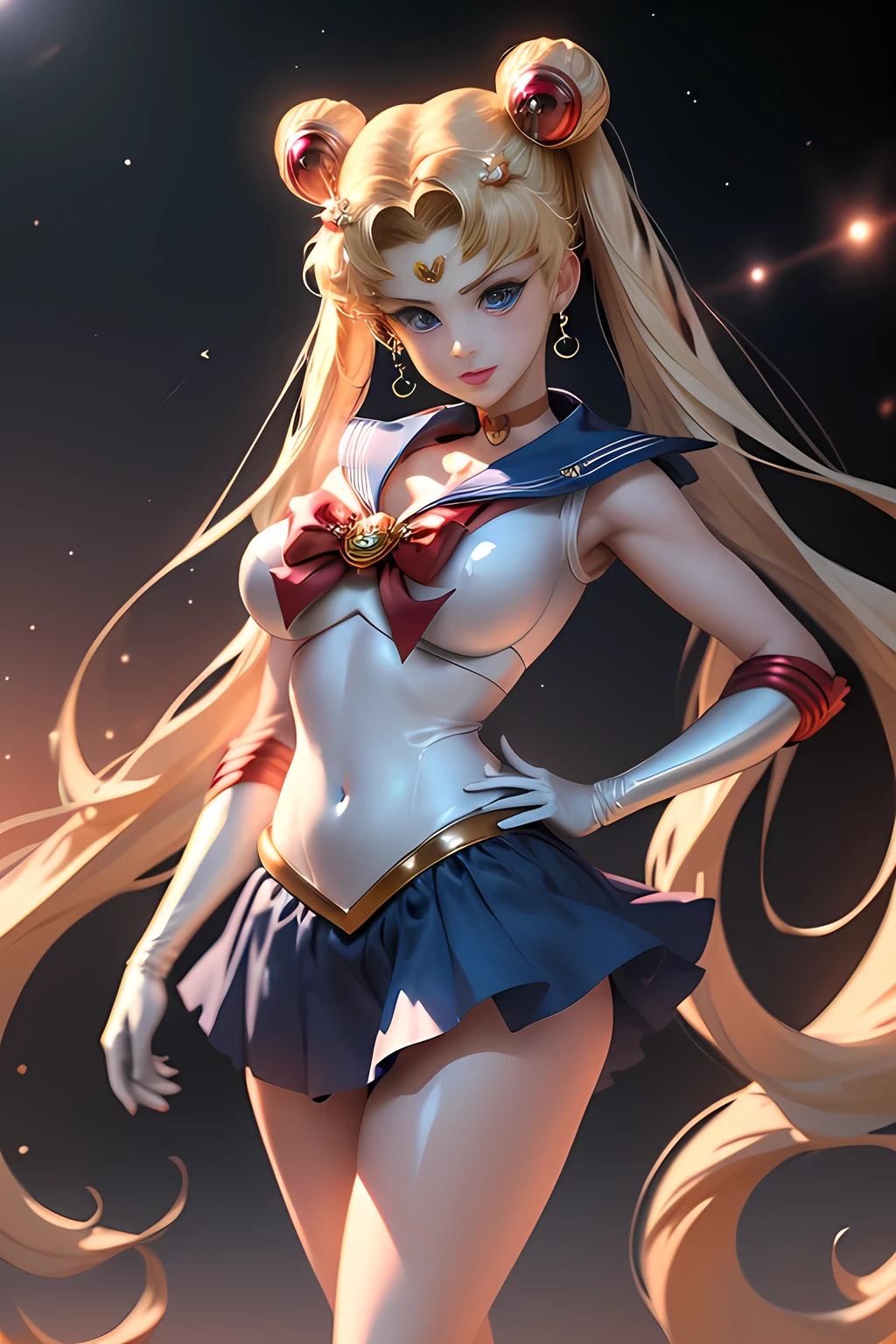 ​masterpiece、ful:1.3、stands、8k、。.3d、realisitic、Ultra Micro Photography、top-quality、Wallpapers with extreme details CG Unity 8k、frombelow、intricate detailes、(1 female)、28 year old、(Sailor Moon:1.6 Super Bishoujo Senshi Sailor Moon Mer1、meishaonv,tierra、Sailor Senshi Uniform Sailor:1.5、sailormoon:1.5,Eternal Sailor Moon)、(Incredibly long bright twin-tailed blonde:1.4、Thin and very long straight twin tail blonde, Hair buns、Red round hair ornament in a hair bun)、((Sailor Senshi Uniform:1.4、Metallic blue collar,Sailor color in metallic blue,Metallic Blue Pregate Ultra Mini Skirt:1.5、very large red bow on the chest,,Long white latex gloves,Red gloves on the elbows、Bare upper arms,Luxurious golden tiara on forehead、耳Nipple Ring,Luxurious Golden Jewelry Decoration、high leg swimsuit))、Very thin and fit high gloss white holographic leather、High Gloss White Silver Latex SEXY High Leg Cut Swimsuit That Shines Like Oil,Pants are visible,Sexy Model Pose:1.2、dynamicposes:1.2,huge white wings on the back(Details of face:1.5、Blue eyes、Beautiful expression、beautidful eyes、Outline of the iris, Eyes with highlights、thin lipss:1.5、thin and sharp pale eyebrows,、long eyeslashes、Double eyelashes、Thin, thin and muscular,,a small face、tall and large chest、perfectly proportions、big breasts thin waist、Visible Pore、seducting smile、perfect hand:1.5、octan render、highly dramatic picture、(Lunar divinity,cosmic background、rays of moonlight、a moon、Dynamic backgrounds、exquisite lighting and shadow、dynamic ungle、Detailed background),Strong natural light、sunlights、Digital SLR、sharp focus: 1.0、Maximum clarity and sharpness、mecha musume,(Rabbit, Double bun, Twin-tailed, Parted bangs, circlet, Jewelry, earrings, Choker, Red bow, White Gloves, elbow groves, Blue skirt)