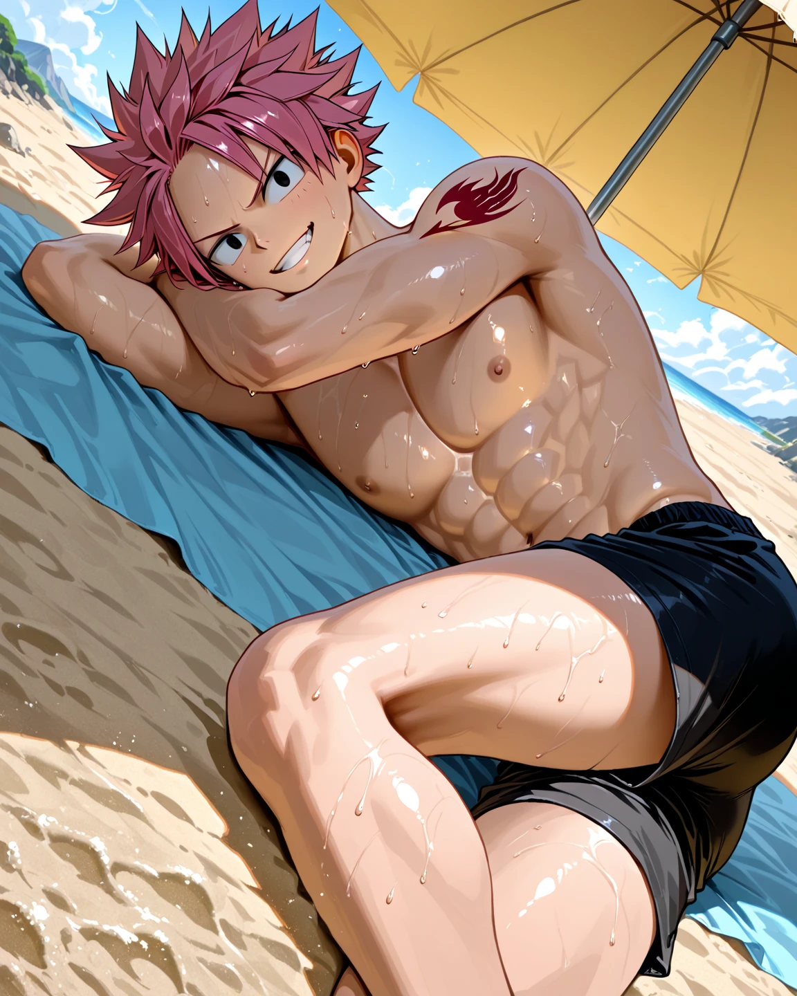camera front view, horikoshi kouhei, absurdres, Eijiro Kirishima, red hair, boku no hero academia, chama kou, highres, looking away, male focus, muscular, red eyes, short hair, spiked hair, 8k quality, beach, (Eijiro Kirishima, detailed eyes, detailed face, (((from side))), (((full body))), abs, visible foot, barefoot, (((Extra large up bulges penis dripping alot white semen))), (((nude))), (((hands on hips))), (((standing on the ground))), red hair, red eyes, ((light smile)), looking at viewer, embarrassed, blush, showing off muscles, masterpiece, best quality, male focus, upper body, handsome, hot, male, gay, smooth and sharp focus, Wet body
