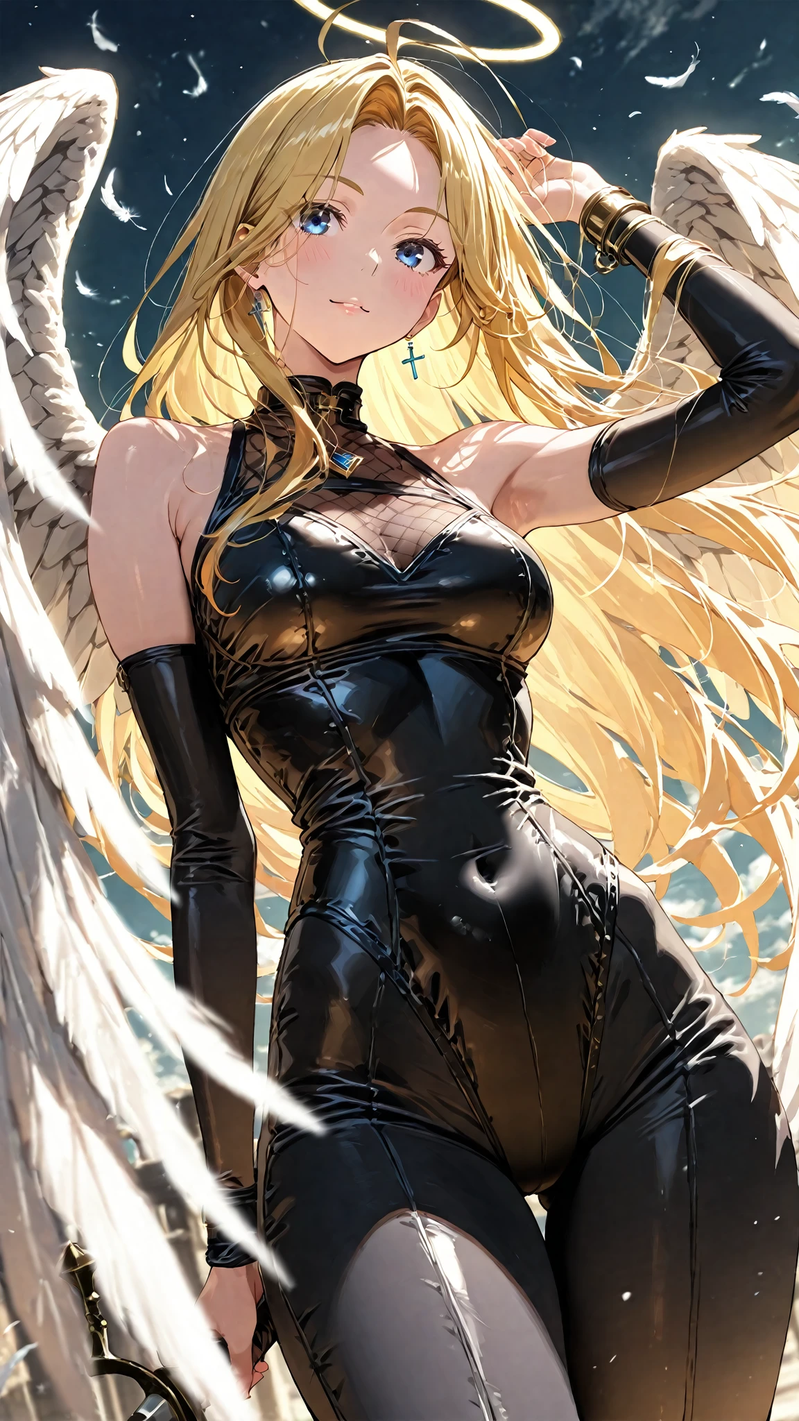 echanis_enicha, simple background, incredible high-key lighting, masterpiece, thighup shot, cowboy shot, high quality, ambient soft lighting, 4K, 1girl, alternate breast size, belly, breasts, big breasts, glowing, long hair, feathered bangs, bangs, feathered hair, navel, solo, stretching, armpits, futuristic, (gleaming skin), (sweating), (heavy breathing), thick, curvy, bodysuit, sleek bodysuit, techsuit, ahoge, looking at viewer, thigh highs, thigh strap, skindentation, ((transparent clothes)), navel, ((navel window)), midriff, tight, casual stance, underboob, boob window, ((brilliant eye)), ((sparkling eye)), skinkintight, asymmetrical clothes, best quality, realistic, absurdres, perfect shadows and lighting, exposed, character study, wings, draconic wings, feathers, scales, lappland, arknights
