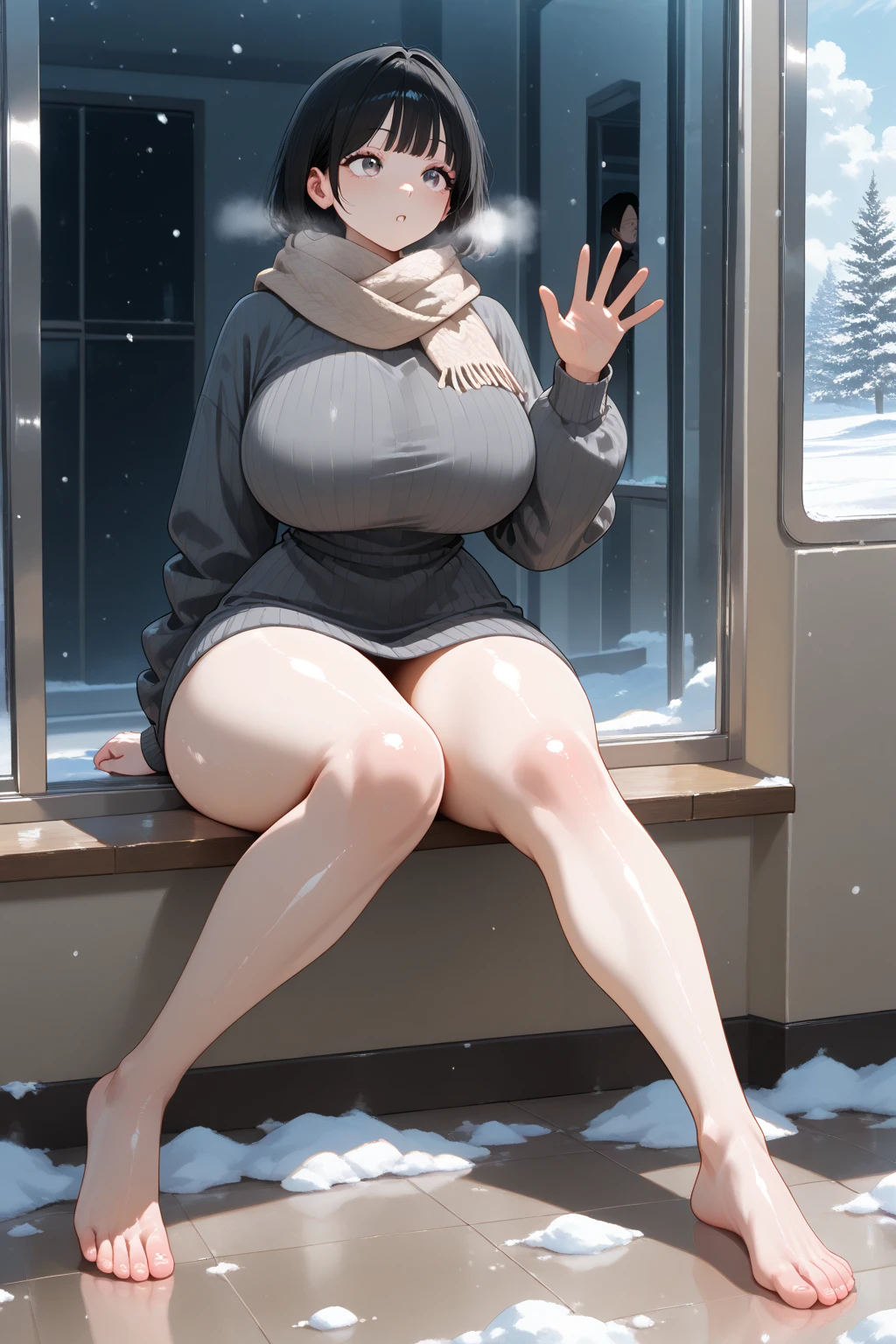 Highest quality,Ultra-high resolution,One girl,alone,Cowboy Shot，snow,city,, Blue Hair,Green Eyes,Long coat on naked，pubic hair，Spread out the coat，Spread your legs，Ecstatic expression，Plump thighs，from below，The private parts are completely loose