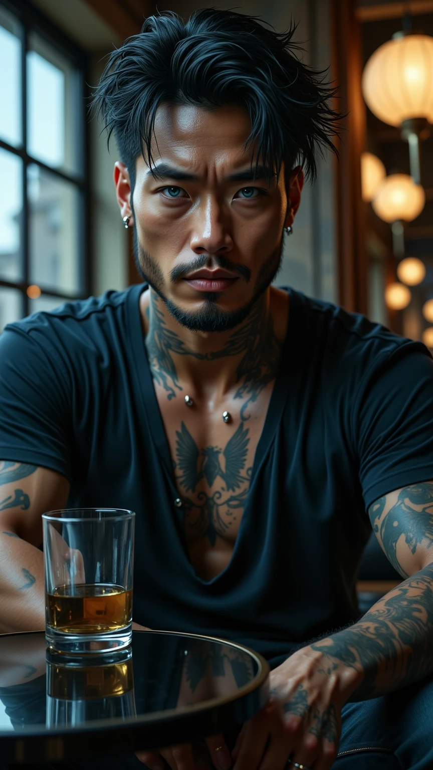 photorealistic, best quality, masterpiece, extremely detailed, very sexy, very homoerotic, extremely handsome, 30 year old muscular filipino man, full body tattoo, (muscular bodybuilder), wearing only apron, holds out steaming cup of coffee towards camera, smiling, in kitchen, extremely romantic atmosphere, perfect face, perfect fingers, perfect hands, perfection