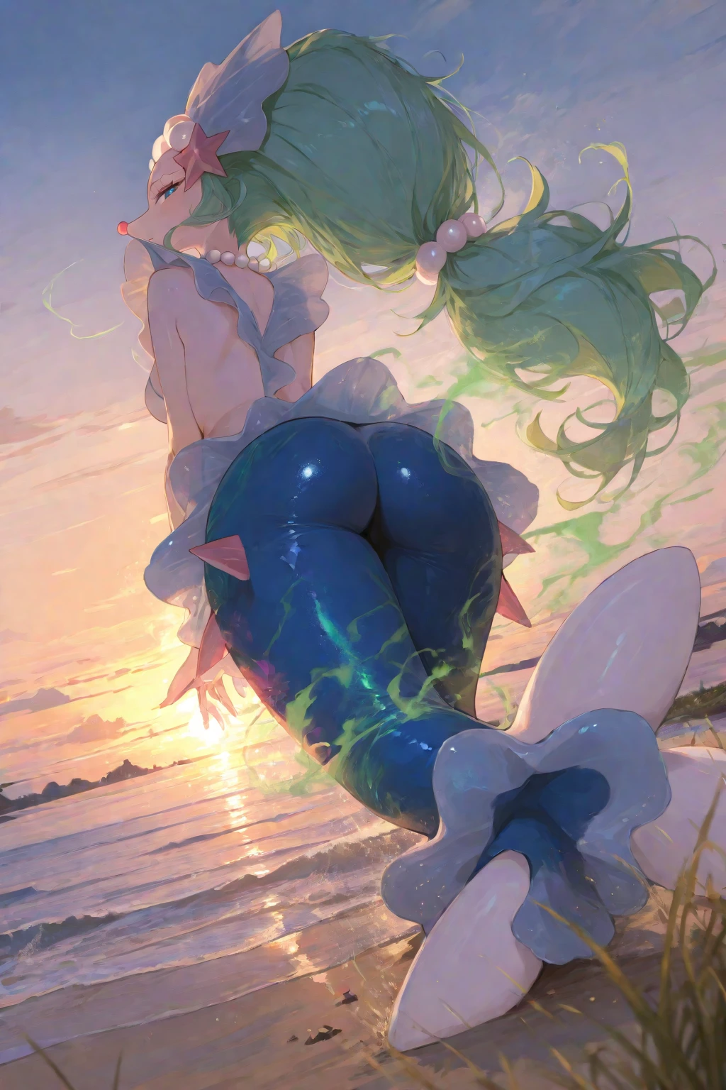A woman lying down in a lake looking at the camera, Giant ass, Giant ass, ass iew, naked, vaporeon, tatsumaki, Giant ass, ass making waves in the water, seducing gaze, opening the buttocks with your hands