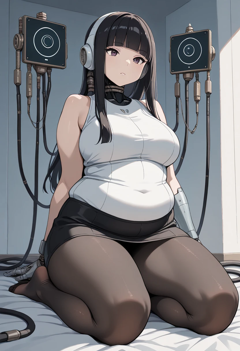 1girl,solo,white bikini, bondage,bdsm,restrained, sitting,chair,black hair,kashino, huge breasts, , belt,collar, chest harness,navel,harness, electricity, tears,lightning, , trembling,