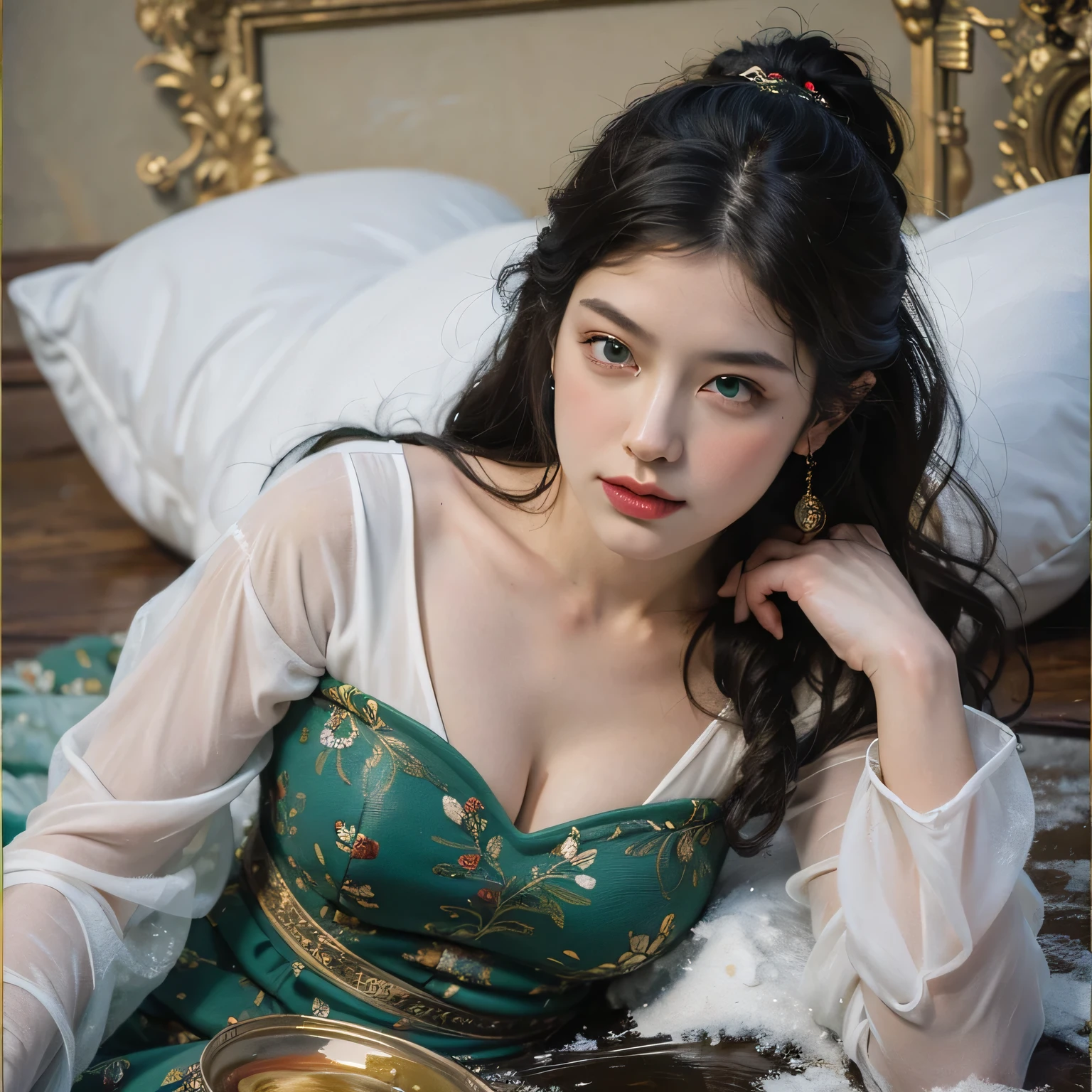 ((In the Chambord Castle:1.3)), ((In the bedroom, the castle's gorgeous rococo decorations shine.:1.3)), light makeup, red lips, beautiful hair, (Shiny Black hair), (Medium Hair:1.3), elegant, soft lighting, Very fine details, masterworks, authentic texture, perfect work, (1 girl), (One Woman), 16k, high resolution, exquisite features, brown eyes, (Ultra-high resolution eye:1.1), Japanese idol, beautiful face, ((artists work)), (gentle smile like a goddess), attractive, well-shaped breasts, beautiful cleavage, shiny skin, smooth skin, BREAK, (Dark-green Marie Antoinette Costume Dress:1.3), BREAK, earrings, necklace, Peacock feather headdress, BREAK, upper body, Standing position, ((Dress being taken off:1.4)), (Dress partially removed, straps detached:1.2), ((lying down on the bed:1.3), lovely smile), Low Angle Shot