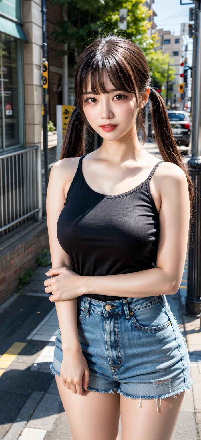 A perfect young female in black tank top and oversize hight waist jean,  in the coffee, CG rendering, Blurred background, deep shadow,  16K, bokered,   Very detailed, wallpaper, depth of field, movie light,, Ray tracing.