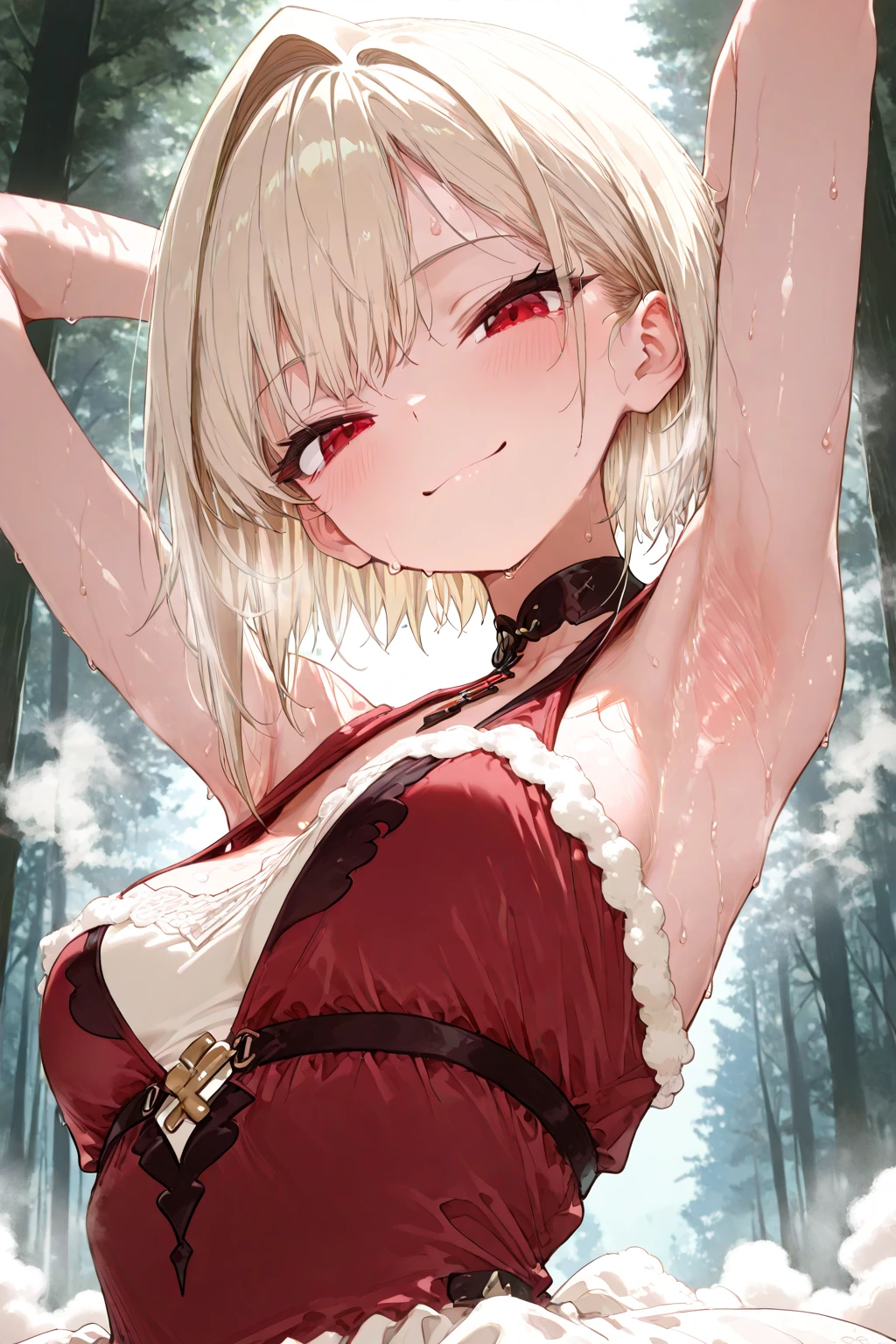 best quality, (masterpiece:1.2), highly detailed, cat ears, 1girl, tojou koneko, yellow eyes, white hair, short hair, hair ornament, 20-year-old, healthy skin, blushed,(ringed eyes ),((leather clothes)), outdoors