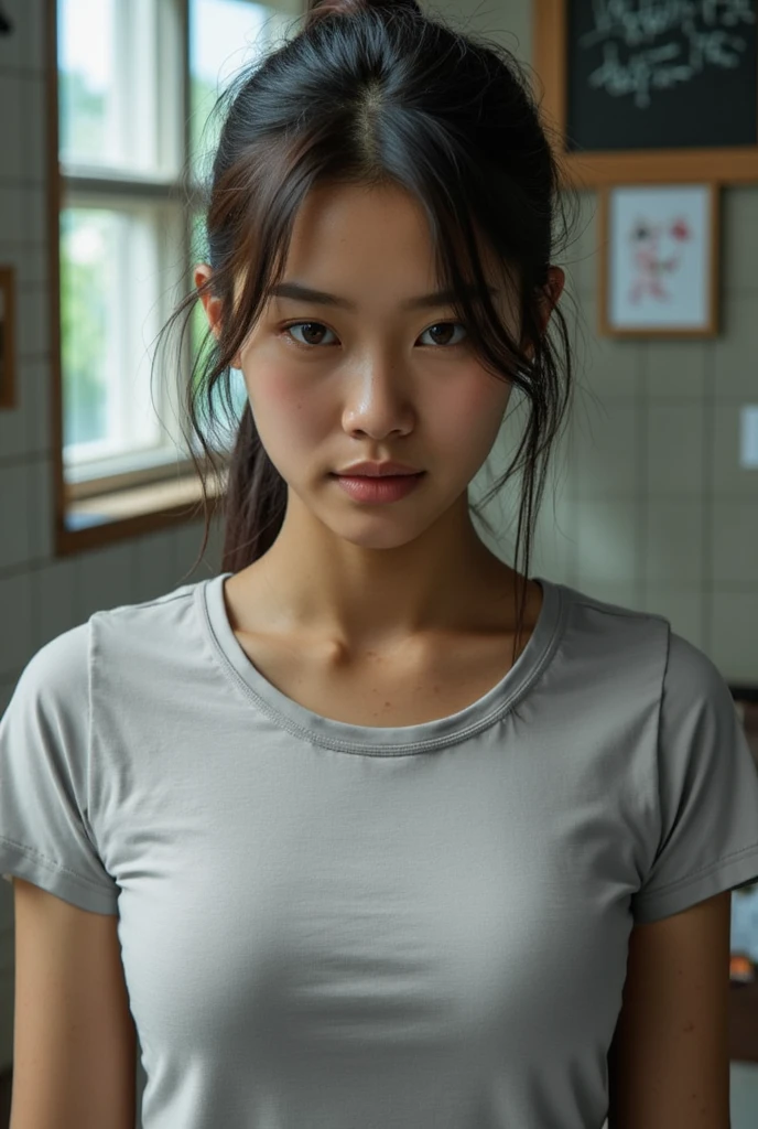 ((best quality, 8 thousand, masterpiece:1.4)), (20 year old woman), Highly detailed face and skin textures, detailed eyes, (Asian woman), (long dark hair:1.3), beautiful bridge, Magic, body, thighs, very big breasts, (realistic:1.37), (Huge, saggy breasts), a scene from a movie, Beautiful portrait of a woman preparing food in the kitchen, ponytail, short ponytail, front ponytail, shy, Surrealism, high detail, cinematic lighting, social media composition, cowboy shot, Fujifilm, UHD, retina, masterpiece, ccurate, anatomically correct, textured skin, super detail, high details, high quality, award winning, best quality, highres, 1080P, HD, 8k, 16k, ((huge_breasts)), ((sagging_breasts)), small face, woman in her 20s, wearing dull pink t-shirt, Comfortable clothing when cooking,