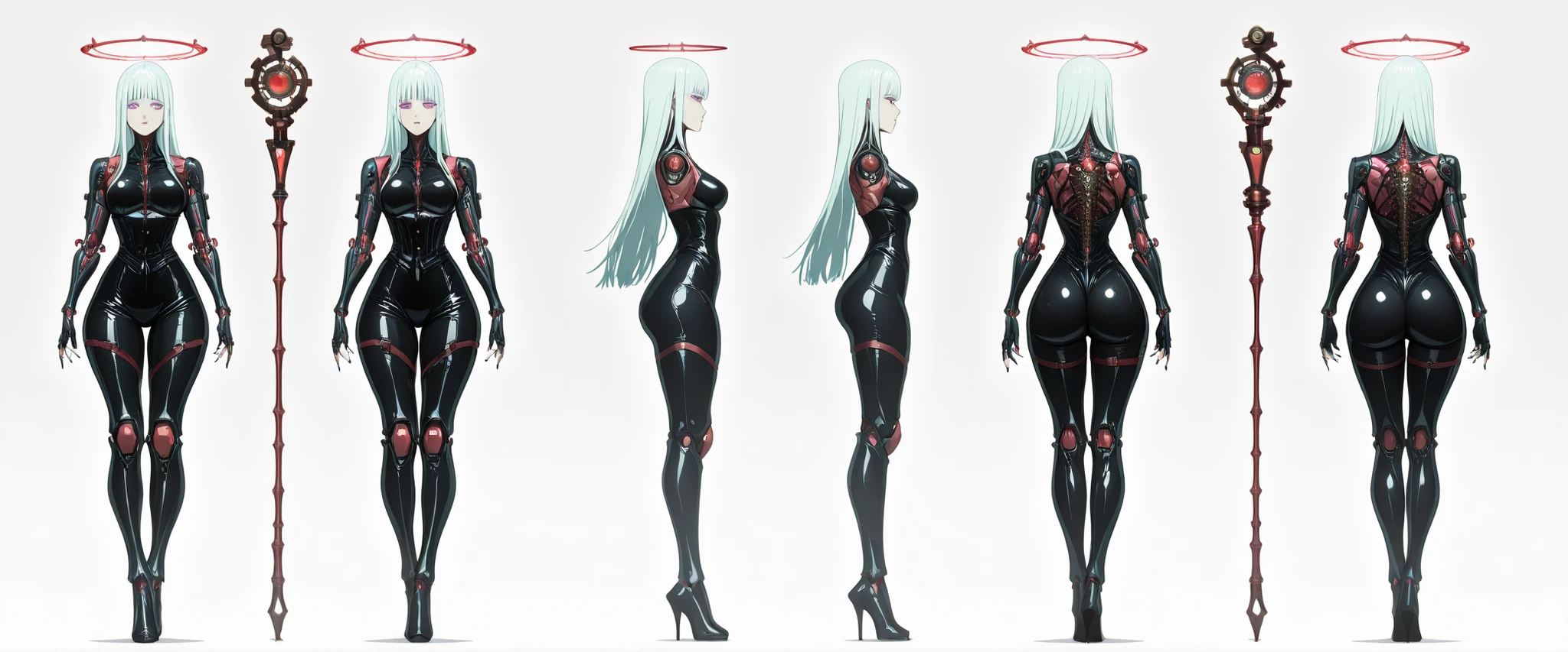 1:1 masterpiece, best quality, amazing quality, latest, very aesthetic, [[ 1 girl, she has bionic arms and wears a long cyberpunk gothic necromancer dress,[[Cyber long necromancer]] the dress has a slit on the sides and allows you to see her leg, she wears black fishnet drag tights, her dress is low-cut and has a corset at the waist, with steampunk magic potions on her belt, she has large and voluminous breasts, her hair is white and long with straight bangs, she has mixed oriental features, she has purple eyes, in one hand she holds a futuristic arcane magician staff, she has a bionic halo made of metal and gold, on her spine she has a bright red bionic exoskeleton that runs down her spine, she has sharp curves, beautiful body, black nails, eyeliner, penetrating villain gaze]], front, side and back views, character presentation, [[white background]], character design layout, 3 sides, front back and side, front side and back view. [[FULL BODY]], [[Image showing your full body from head to toe]], front and side view in the same image, [[white background]], presentation of the character concept. no shading, flat colors in the 90s anime style with cel shaded. 3 tones, high resolution 32k, defined and detailed face, detailed eyes, high resolution, sharp image
