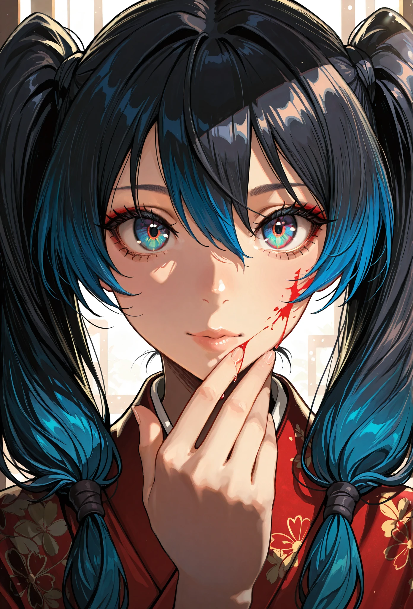 ((Ink Painting)), (((1 girl))), (((Tattoo on face))), (((Gorgeous hair accessories))), Japanese style headphones, face close-up, Japanese beautiful girl, Black Hair, Put your hands on your face, smile, Small devil, Droopy eyes