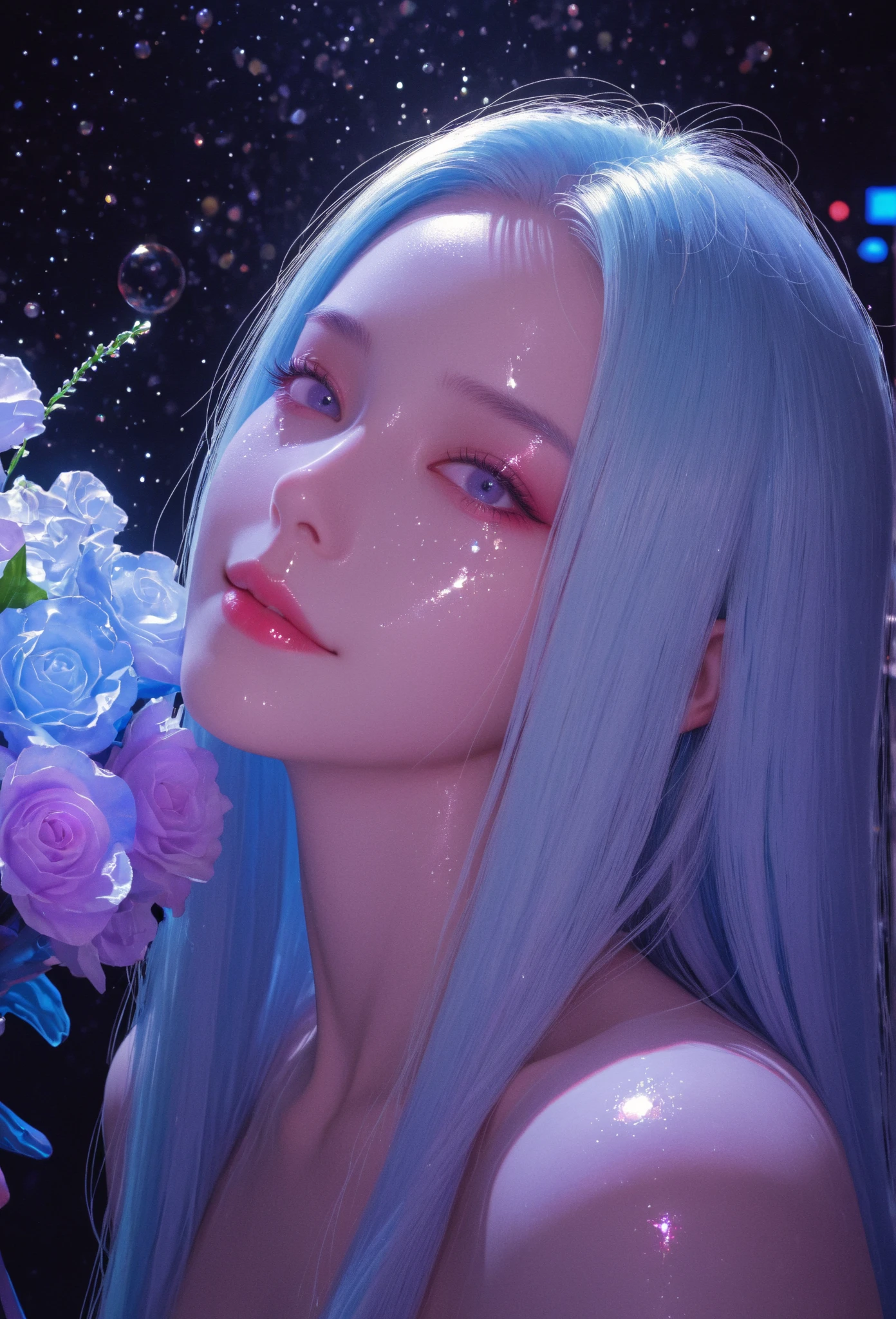 realistic, 1girl, white hair, purple eyes, glowing eyes, crop top, skirt, parted lips, blush, night, flowers, sun, sunlight,