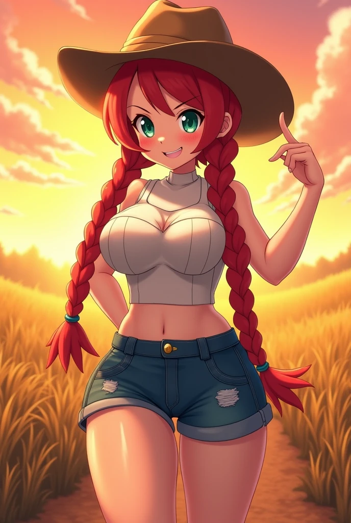 Best quality, Masterpiece, 8k, woman, 24 Years old, half body, long ginger hair, parted bangs, detailed blue eyes, (blush), happy smile showing teeth, large breasts, (curvy:0.8), wide hips, straw hat, cleavage, white shirt, denim short shorts, farm