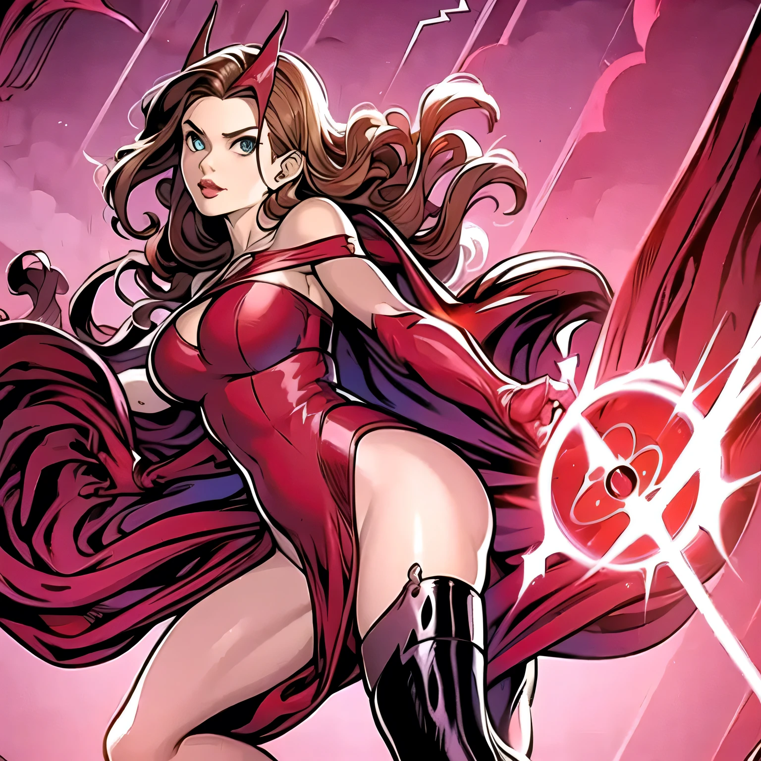 (((A comic style, cartoon art))). view from below. Scarlet Witch is in an New York City, floating in the air, surrounded by dense forest. POWER IN EYES, She is wearing her signature red outfit and is floating in the air, with her arms outstretched to her sides. In her hands, she holds a glowing red ball of energy, (((Hot Body, athletic body, sexy, Camel Toes))), ginger hair, (((agry face))), ((sexy pose)), which appears to be pulsing with power. In the background, we can see the sun setting over the horizon, turning the sky orange and pink. The city around her appears to be peaceful, but there is a sense of tension in the air, as if something is about to happen.