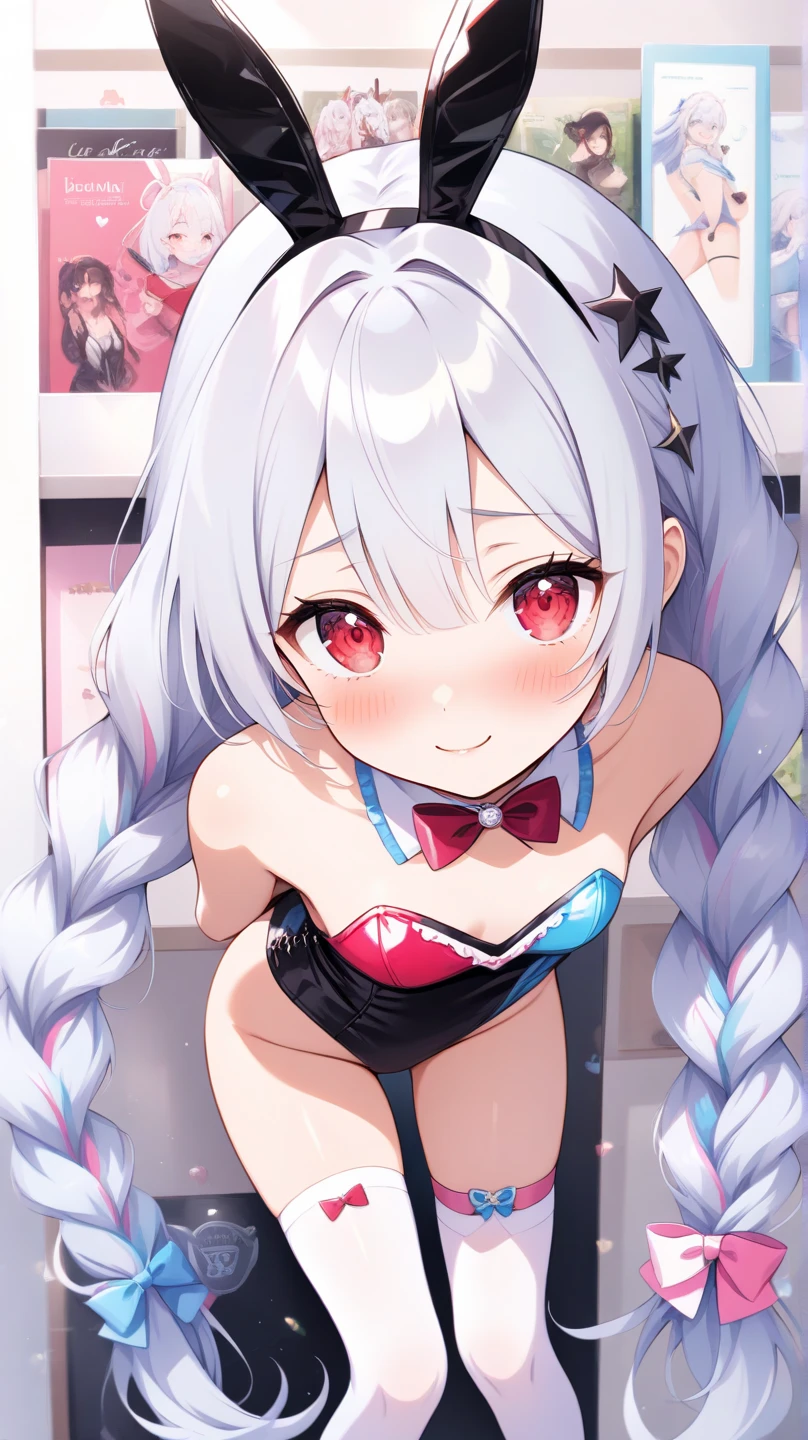 独奏,Whole body、Young face、long silver Hair、long Twin tails、Spoiled brat、Immature body、(Small breasts)、smile、(Thick thighs:1.5)、Backwards、looking at viewer、Open mouth、double teeth、fang、blushing and sticking out her cute tongue, tongue out、sensational、Back view, Character portrait, whole body、little demon's horns and a tail、big Buttocks、(wearing a Magical girl costume)、Night view、tongue out, sexy white panties、sexy white lingeries、Shy face、pink tattoo on her abdomen、Seduce、(on a bed)、Cowboy Shot、On all four、 (looking back over their shoulder), frill