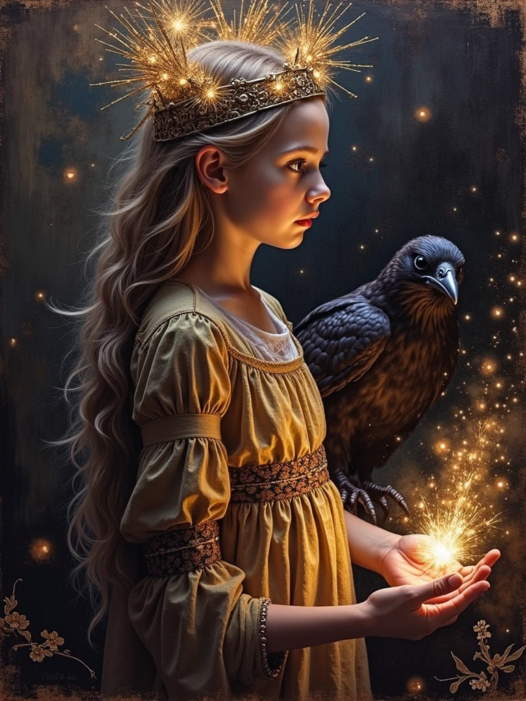 "RAW photo, best, masterpiece, best quality, high quality, extremely detailed, a very cute girl from medieval times with an owl on her shoulder, dressed in period clothing, it is night, there is a full moon and many stars."