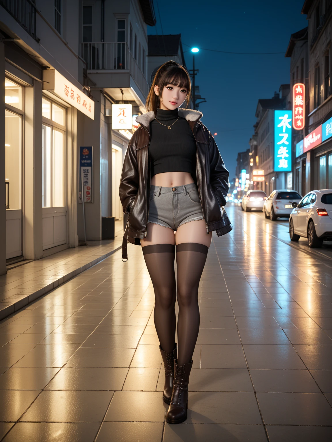 (((Backwards:2.0, Face your buttocks towards the camera:2.0, Accentuate your butt:2.0, Standing posture:2.0))), (((Clothing:2.0, Jacket:1.8, Lace panties:2.0, sneakers:1.8))), ((Streetscape:1.5)), 1 Girl, solo, ((Short Hair:1.2)), 18-year-old, 7 heads, Ideal body proportions, Black Hair, With bangs, Small breasts, slender, Small Ass, Beautiful feet, Skinny Legs, Surrealism, Cinematic Lighting, Depth of written boundary, First Person View, F/1.8, 135mm, Ticker, Mastepiece, Curate, ((Anatomically correct:1.3)), Textured skin, Super Detail, High detail, High quality, Awards, Best Quality, High resolution, 8K