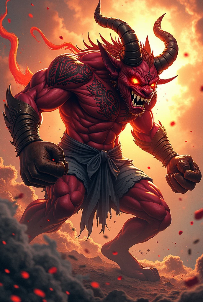 stylized, red flesh monster, blank eyes, teeth, horns, fists
