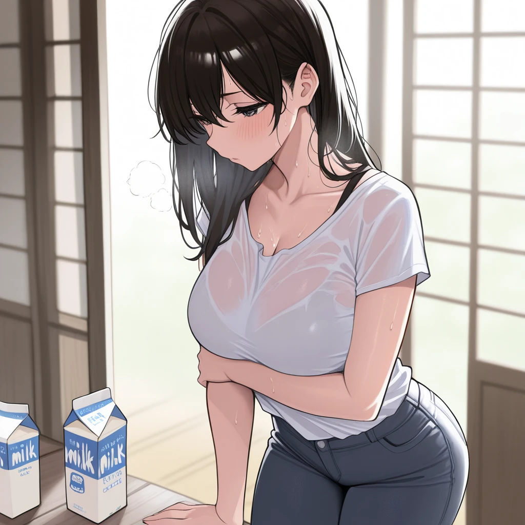 (Perfect body),highest quality,16k,(Browsing Caution)、Anime Screen Capture、Chubby、Fat Belly、((blush)),(short hair), (Green Eyes) ,Sweat,Wet,cowboy_shot,(Brown Hair)、((Braided ponytail)),(((Long sideburns)))、Holding a mug、((White T-shirt))、Light blue panties、Big Ass,Huge breasts、blush、Close one eye、Looking at the audience,((:d)),((1 girl))、Bedroom