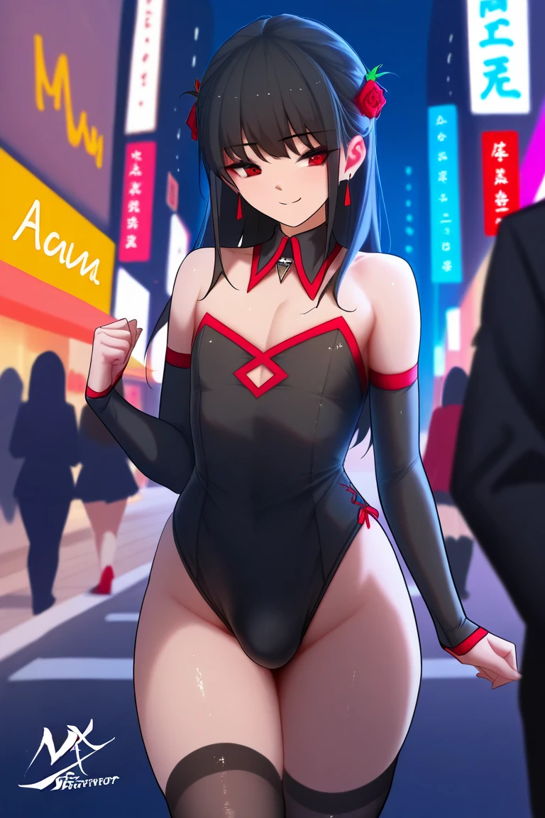 GTSgiga, red hair, red eyes, city, night, black swimsuit, hands on hips, legs separate
