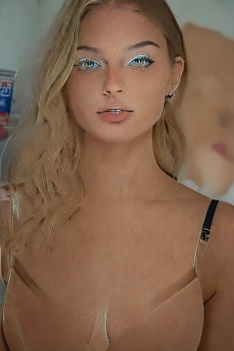 beautiful european blonde model, take a selfie in the lobby'hotel, wear a red dress, , large , Size, Deep green eyes, an algeria