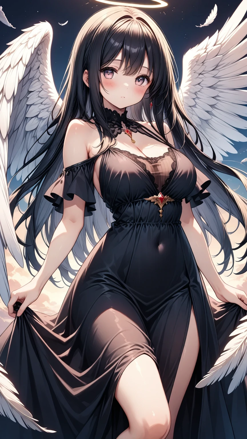 Albedo, overlord, masterpiece, best quality, highres, al1, demon horns, slit pupils, maid dress, bare shoulders, detached collar, cleavage, black wings, feathered wings, low wings, cowboy shot, outdoors, maid seifuku, black dress maid,