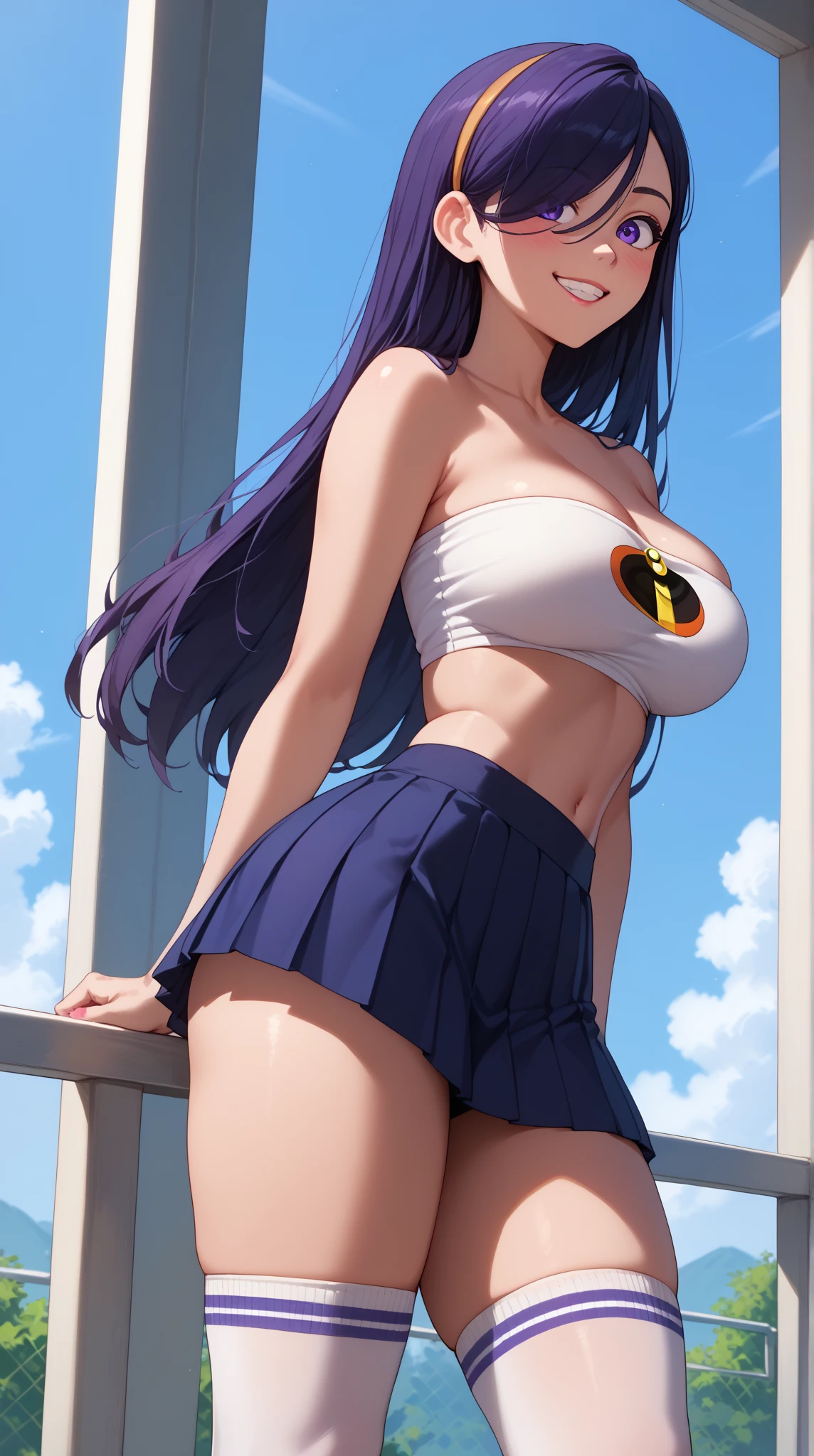 summer bb, fgo, (tanlines, dark-skinned female, gyaru:1.1), solo, angry, smirk, red eyes, long hair, purple hair, red hair bow, neck ribbon, white highleg leotard, white gloves, huge breasts, star (sky), palm tree, starry sky, night, beach, squatting, arms raised, armpits