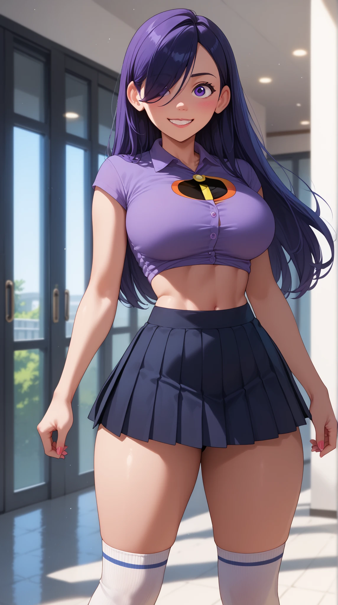 masterpiece, best quality, green eyes, deiailed eyes, purple hair, short hair, two sides up, big breasts, blue skirt, unbuttoned shirt, abs, bare feet, white collared shirt, red neckerchief, standing, outdoors,