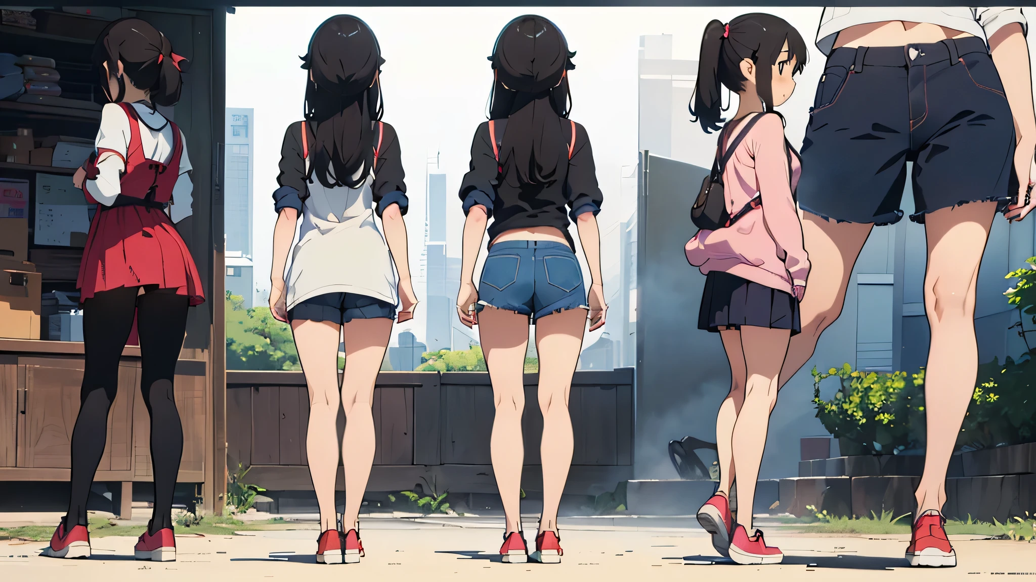 Masterpiece, beautiful slender girl, multiple girls, bus stop, unzipped shorts, pussy peek, pussy, no panties, sweat, sweatdrop, t-shirt, midriff, pussy juice, blushing, bare legs, slim, full body, sneakers, embarrassed, scared, covering mouth, thigh strap, vibrator, small breasts, peeing, pee, pee puddle, peeing, female crowd