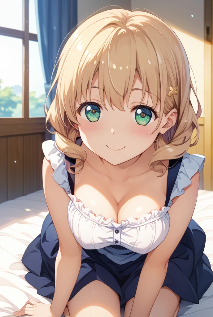 best quality, amazing quality, very aesthetic, 1girl, saber, fate/stay night, 1girl, saber, fate/stay night, , (artist official art:1.5), ahoge_hair, green eyes, steaming body, trembling, large breasts, jitome, cinematic light, official_dress, lying, on bedroom, dark_room, happy, smile, blush, night, looking_at_viewer, oily_skin, sweat