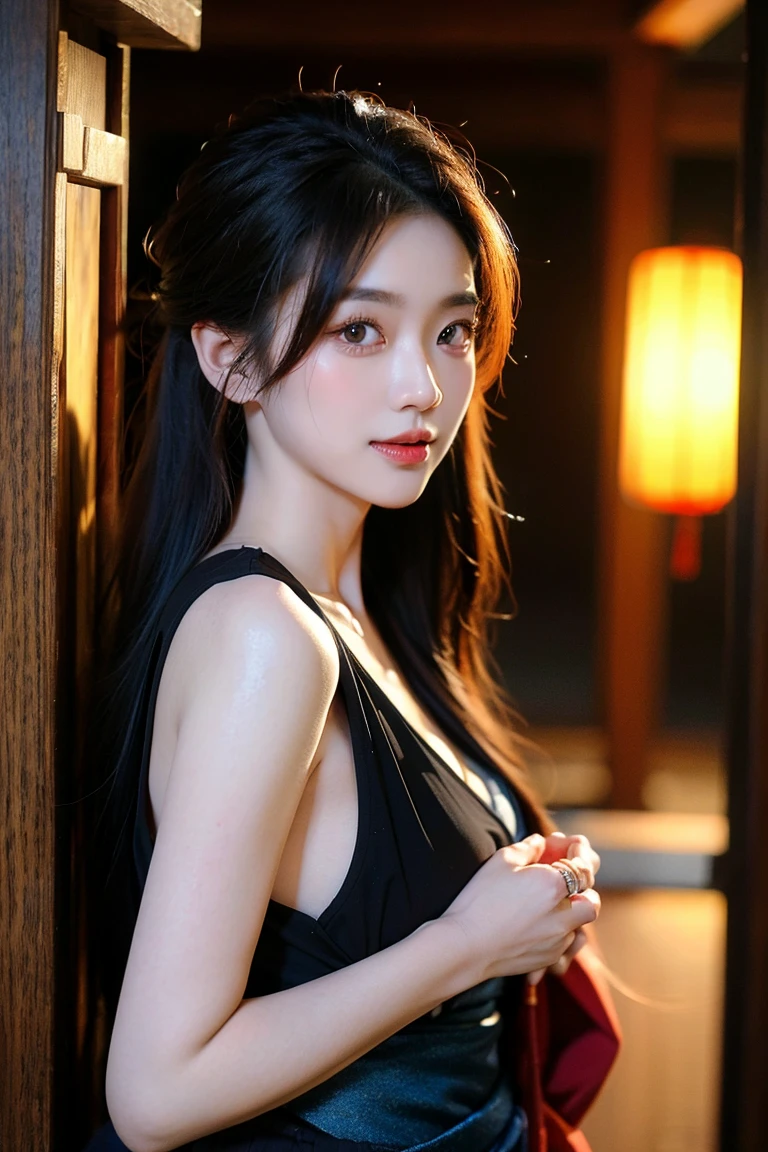 ((whole body)), 1 girl, Long hair, Red costume, (Transparent red silk), Black Hair, Lie down, Mysterious smile, Slender eyes, Fascinating eyes, Extremely detailed photos of the goddess, Three long thin red hairpins, Elongated eyebrows, tall, Snow-white skin, Medium breasts, Leakage out of the breast, Very high color saturation, Off-shoulder, long legs, raised eyebrows, light smile, Barefoot, bare legs, Delicate face, Fluffy hair, Small mouth, Surrealism, ray tracing, reflection light, Fujicolor, retina, masterpiece, anatomically correct, high details, highres, 8k, super detail