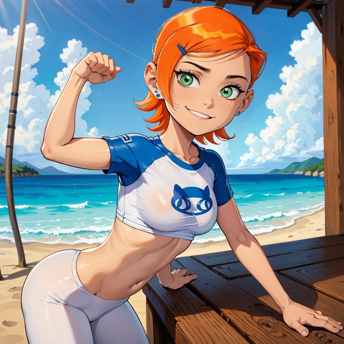(masterpiece, 1girl, solo), (high quality), 8k, perfect eyes, perfect face, long sleeves, light blue shirt, tight white pants, standing, teasing smile, short shirt, in the street, front of beach, cat logo in shirt,(((muscular, fitness, big breasts))),