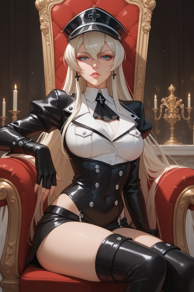 Amazing portrait of a sexy woman with a beautiful face and long wavy hair wearing an off shoulder cream blazer with a fur collar and long black boots sitting on a luxurious chair in a very intimate pose her expression are extremely lustful and her eyes are seductive