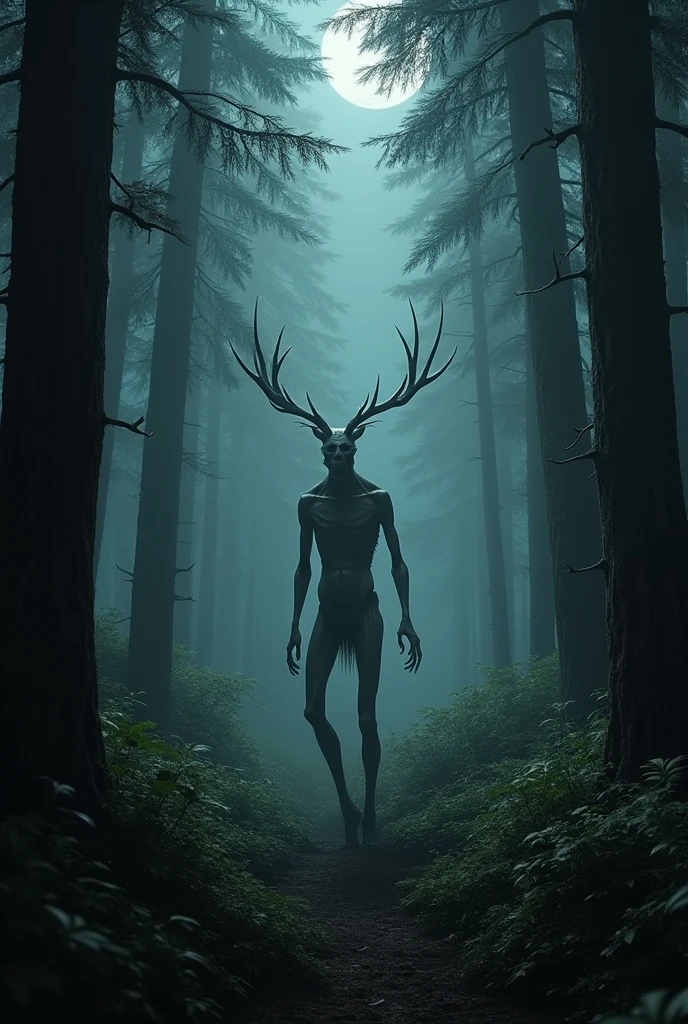 digital artwork by Beksinski (gigantic distant figure covered in volumetric fog:1.35), (Leshen:1.9) from Witcher, (deer skull face:1.1), antlers, misty morning, god rays, overgrown wood, digital artwork, masterpiece, intricate details, crisp image, 16k