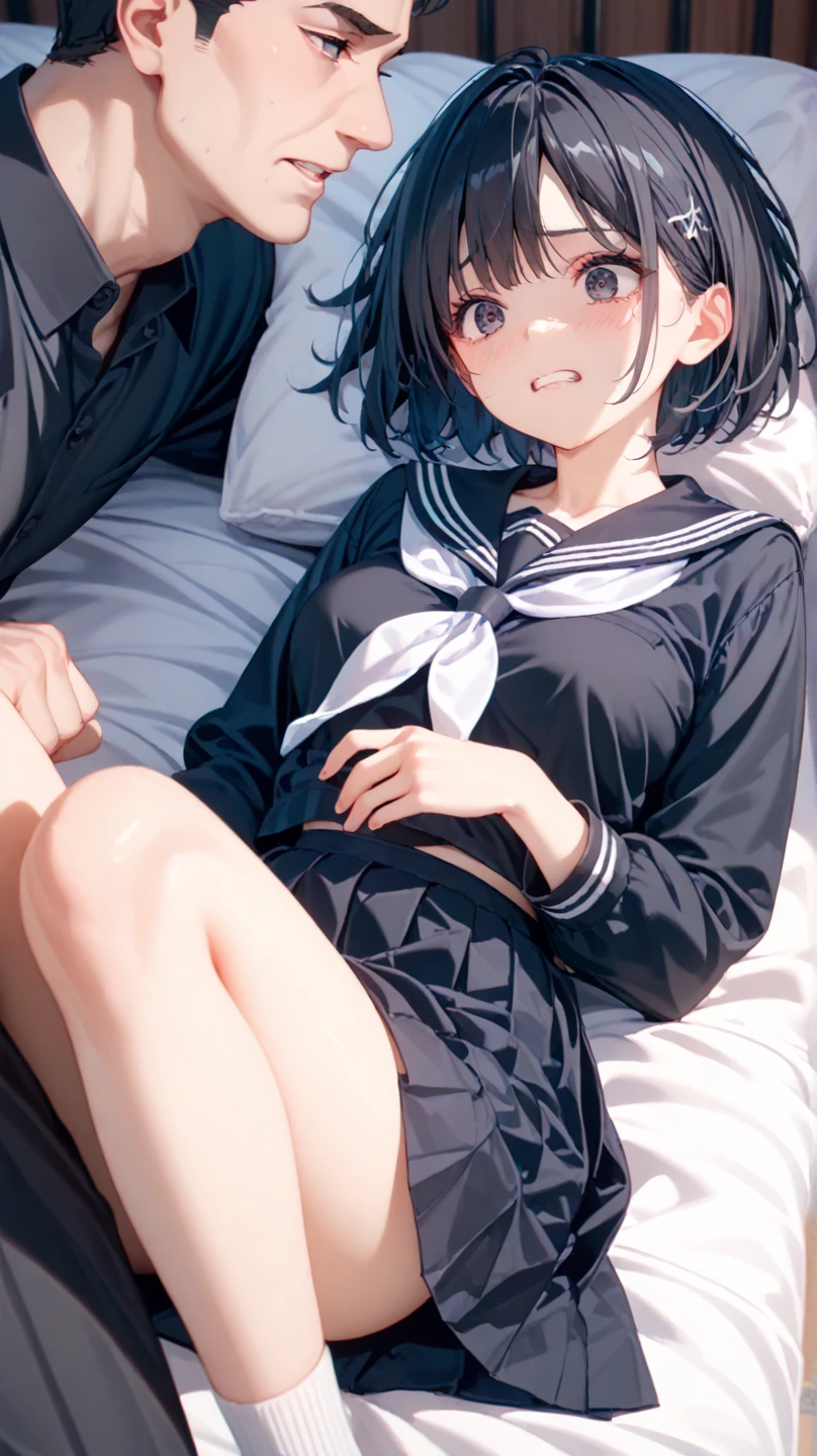 1girl, Kirigaya Suguha\(sao\), sword art online,naughty face,striped panties,skirt lift,hotel room,bed,lying,on back,masterpiece, best quality, absurdres,