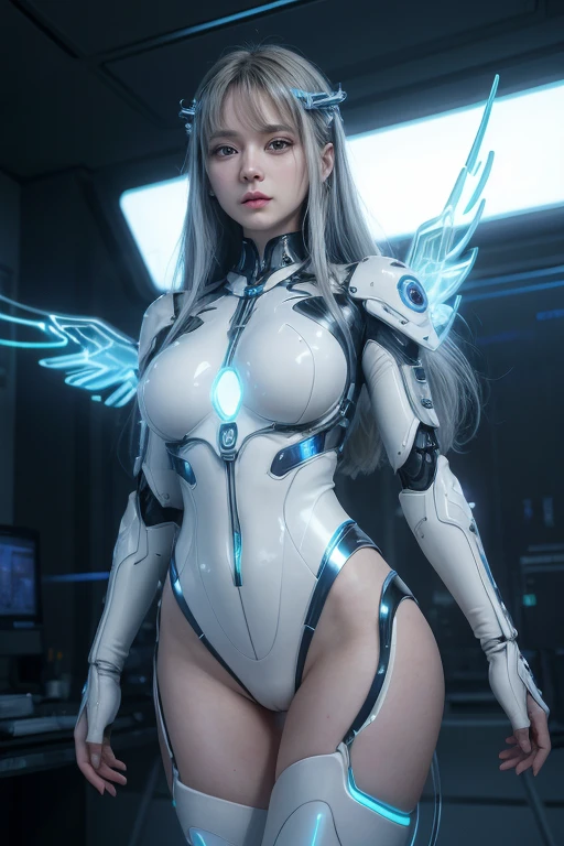 Greece white temple, mechanical wings, silver color, head and full body, Extremely cute human eighteen year old girl face, human torso, human huge boobs, human abdomen, human hips, mechanical arms, mechanical legs, arms and legs with hard white shiny shell and black joints, very beautiful and feminine, short, petite, small, small, busty buttocks, medium bust, cleavage display, flat belly display, partial helmet with antenna on the ear, black robot joints, very stylish, award-winning product design, black rubber tights, The shiny white metal breastplate opens at the cleavage and abdomen, the white metal buttocks are wrinkled, and the armor has stylish, glowing trims