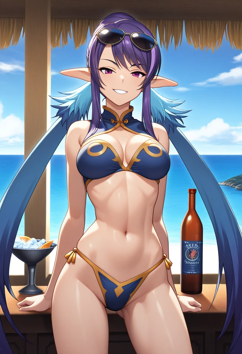 3 girls High level image quality best image quality 8K adult woman pool party rain palm trees more colors whole body view portrait golden bikini horn ears short hair((shortcut)(gray hair)(perm)(fluffy)) eye color is blue , , attractive evil face , smile , sexy pose , labrynth , hugging , barearm , lying on bench by the pool , crossed ankles , all wet , view foot arc