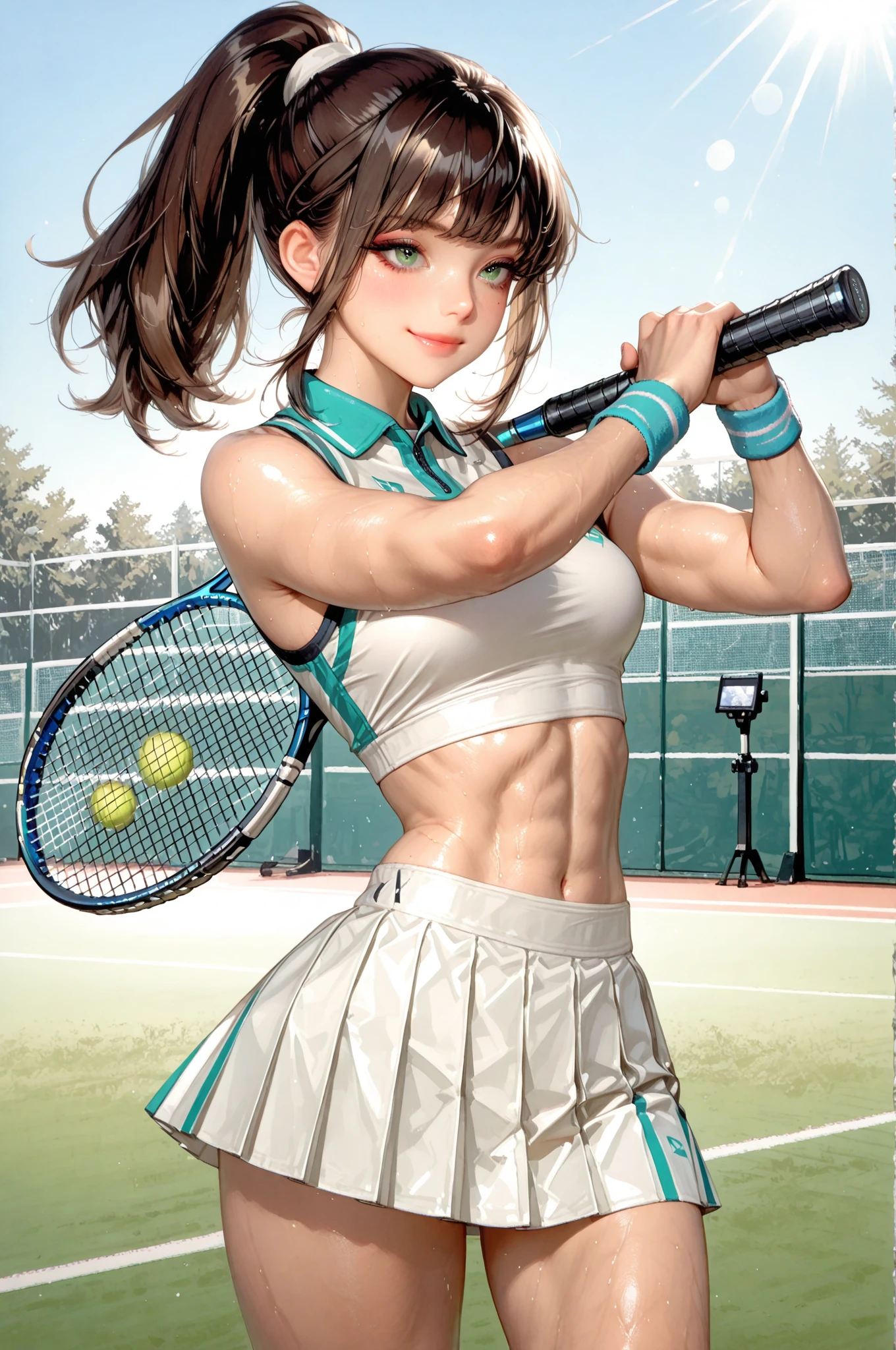 Hoshizora rin, bangs, beautiful, beautiful woman, perfect body, perfect breasts, wearing a tennis outfit, wearing a tennis hat, being on the tennis court, holding a tennis racket, looking at the audience, a slight smile, masterpiece, textured leather, super detailed, high detail, high quality, best quality, 1080p, 16k