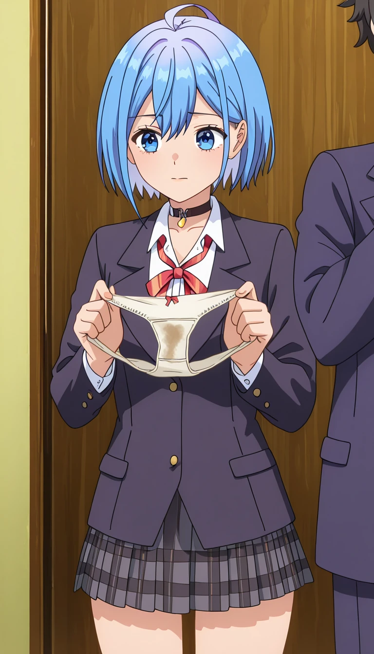 score_9, score_8_up, score_7_up, source_anime, solo, 1girl, (Fuwa Kokone, blue hair, medium hair, green eyes), smile, micro bikini bra, white brim, micro maid waist apron, cuffs, collar leash, blue bow, zettai ryouiki thighhighs, looking at viewer, (sagging huge breast), erect nipples, lite dark large areola, (skinny), (short stack:0.5), milf, futa, flaccid foreskin dirty penis, cum burst, natural (black:1.2) armpit hair, Unshaven black Pubic Hair, pet play, nsfw, bowl, cum in container, squatting, arms behind head, front view, pov shot