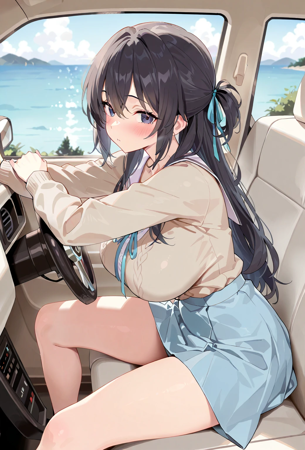 ((masterpiece)), (HQ), (4K), (high detailed), (((best quality))), (detailed face), (beautiful, cute, pretty girl), (15yo teen girl), ((ponytail)), ((small medium breasts)), (((topless))), (blushing:1.2), ((((shy:1.5))), (((shy arms))), (bare stomach), (bare shoulders), (bare neck), (bare arms), (bare chest), ((((dark blue pleated skirt)))), (skinny waist), (skinny thighs), (((girl sitting in front passenger seat of SUV))), (brown hair), (((view from side)))