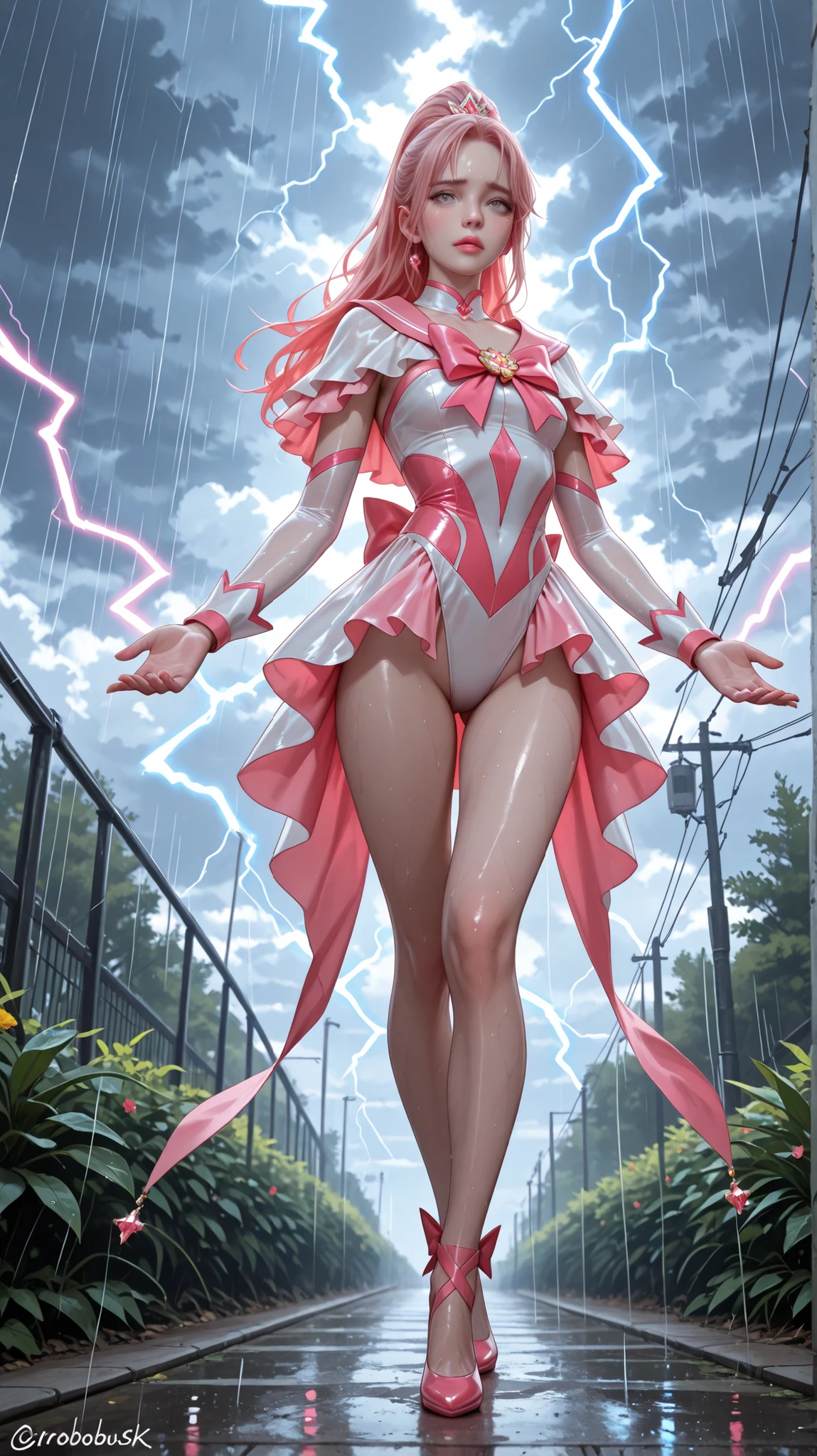 ((realistic, top quality, highest resolution, 8k)), ((accurate anatomy, accurate body, accurate hands, Accurate feet)),((full body photo)), Next to a beautiful Russian girl with beautiful big , pink hair, straight ponytail hair, silver eyes, pink lips,  glossy lips  : 1.8, pale skin, clean skin, Magical Girl, Beautiful Girl, colorful white top, Gorgeous pink bottoms, Magical Girl 지팡이, 그녀는 악의 조직을 멸하기 위해 Magical Girl 지팡이를 타고 하늘을 날고 있다, , Cloudy weather with rain and lightning, Her nervous face