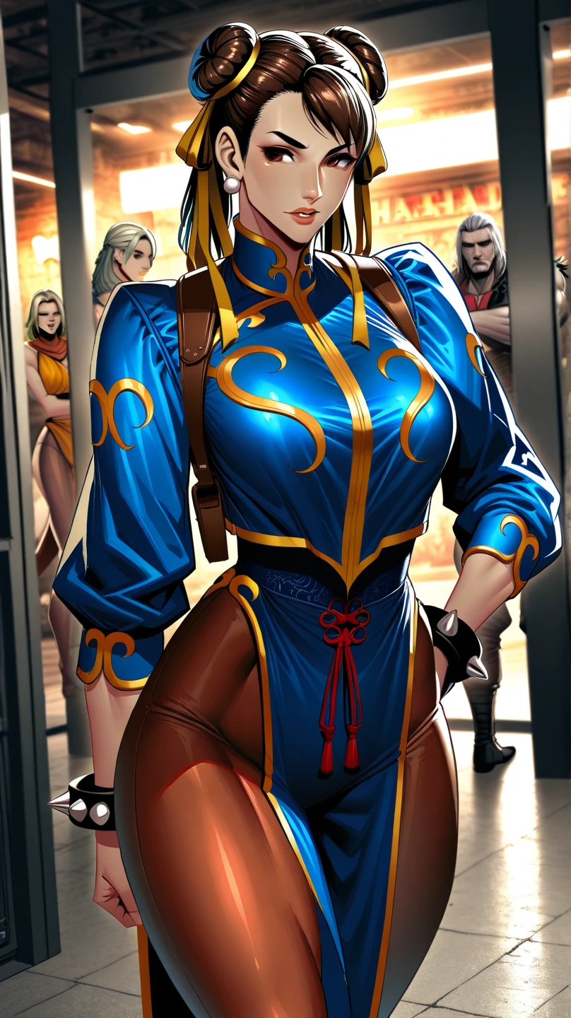 Cammy, elegant adult female, blonde, green eyes, (yellow eyelashes), crown, turtleneck, cleavage cutout, sleeveless, blue leotard, elbow gloves, gauntlets, blue thigh, elegantly (sit on throne), throne room, close-up protrait, high resolution, extremely detail 8k cg, yellow bikini (yellow tiger stripes)
