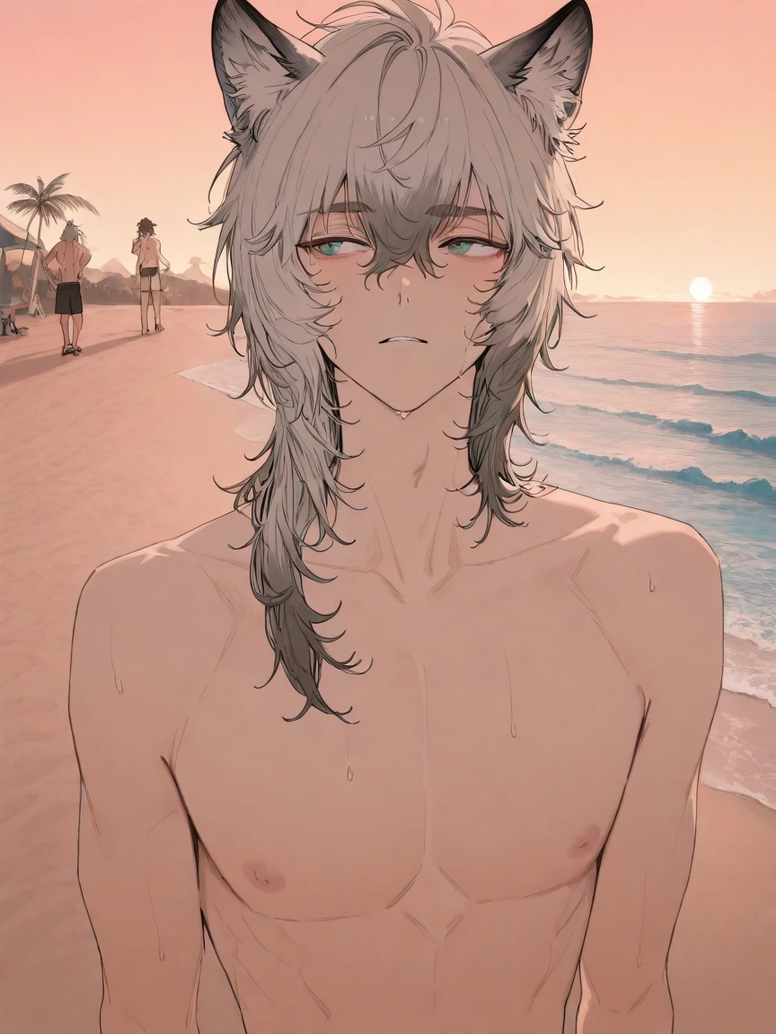 1boy,11 only、(Man's :2) ,Handsome boy,Silvery long-haired、 Upper body naked、Prone、starrysky 、sand beach、hightquality、masutepiece,8K,