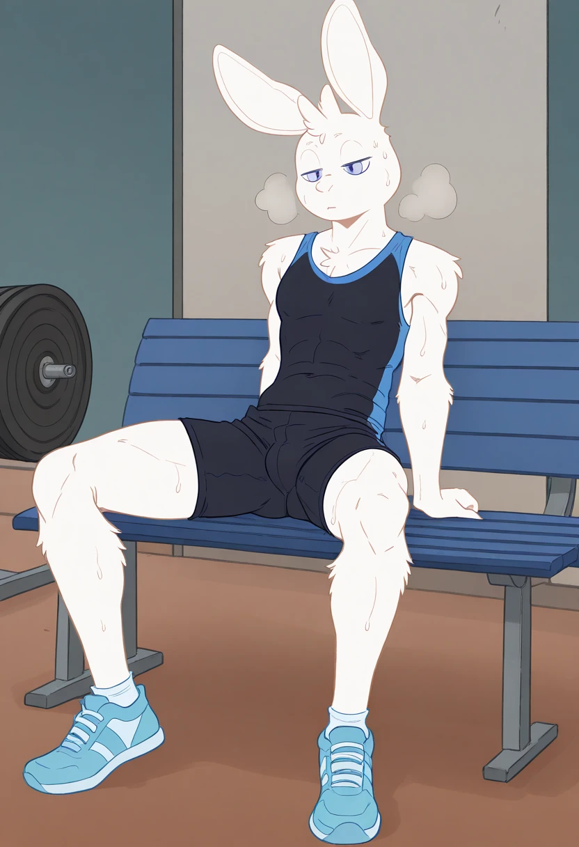 A white tiger boy，Physically strong，sit on a bench，Wear a black vest，black sports shorts，Wearing white socks and basketball shoes on feet