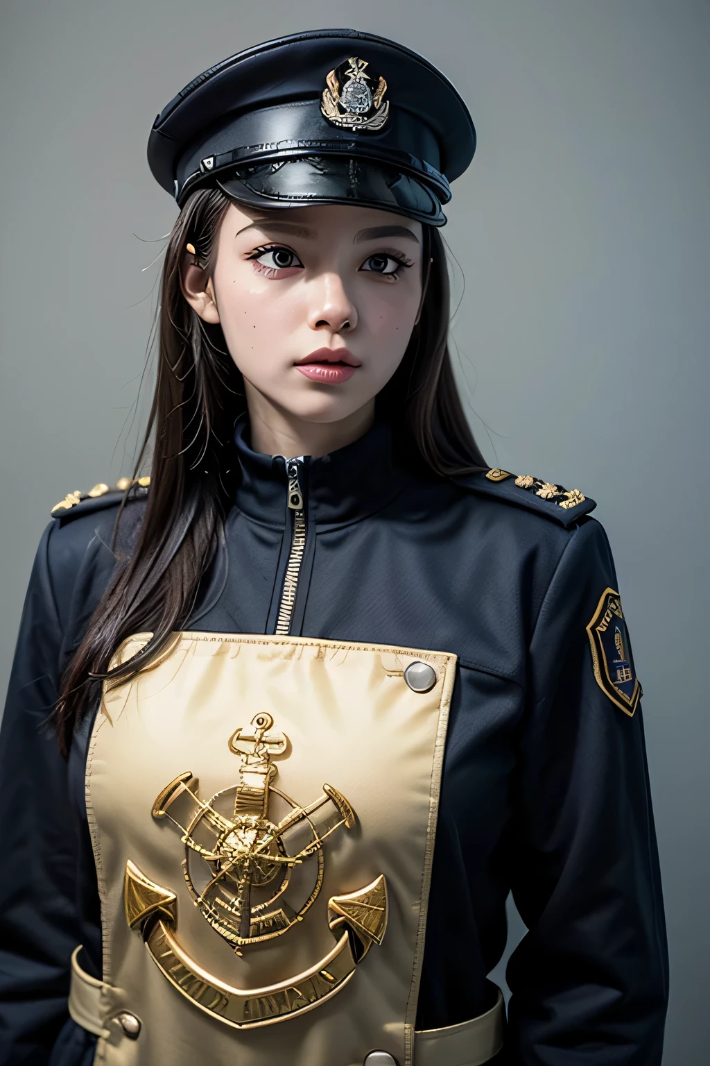 HDR, very detailed, Extra resolution, Masterpiece. 8k hd, a woman wearing a black gothic style military uniform, black military hat with gold details, iron cross symbol on the military hat, hips up, big breasts, 25 year old woman, beautiful face, realistic, Red lips, black-red outfit, white coat, black hair, Dark theme, barrack, intense stare, elegant gesture, flowing dress, Detailed facial features, Long eyelashes, contrast, great details, Incredible atmosphere, Gothic style, black and white plate, Fascinating setting, Haunting beauty, artistic photography,