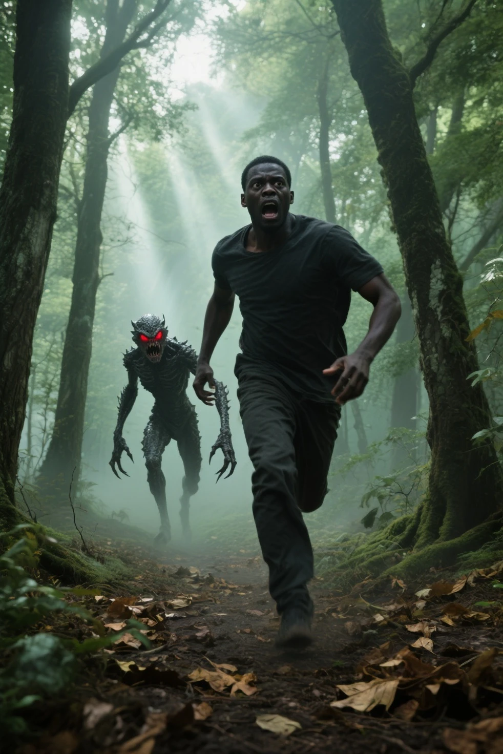 Black woman hair in a bun black hoodie black leather short shorts and a scary ugly witch standing behind her with its arms around her waist... she is scared. Location jungle