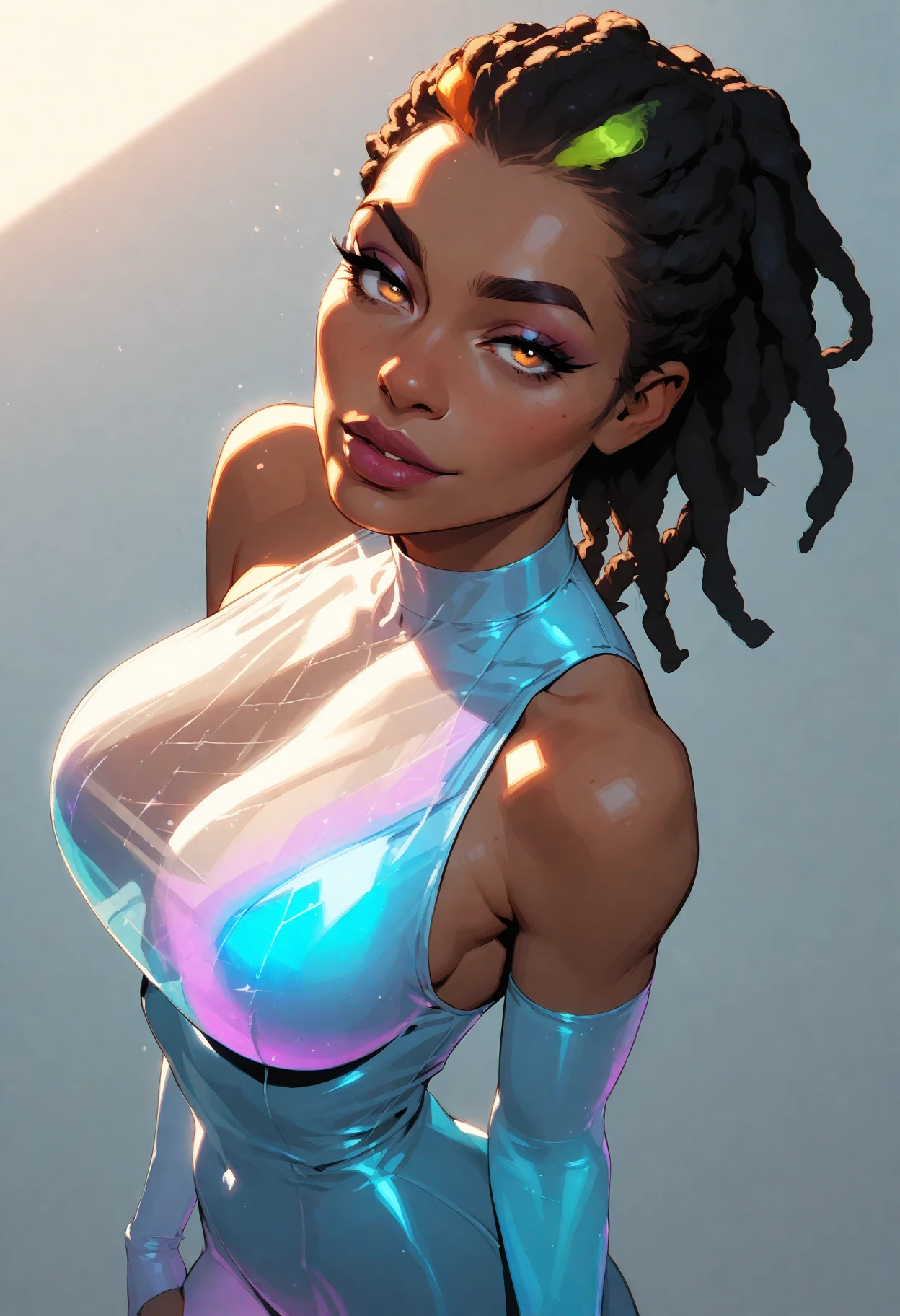 anime style, welcoming, 1girl, dancer, muted blue-grey hair, half updo,Invisible Braids, (full body:0.5), [:sexy costume design:0.2], (dark skin:1.3), at an Hawaiian onsen ("at the Empyrean Subterrane, Glowing":1.2), in a  dreamscape, bombshell hair, pastel silver hair, Infinity Braid, superhero landing