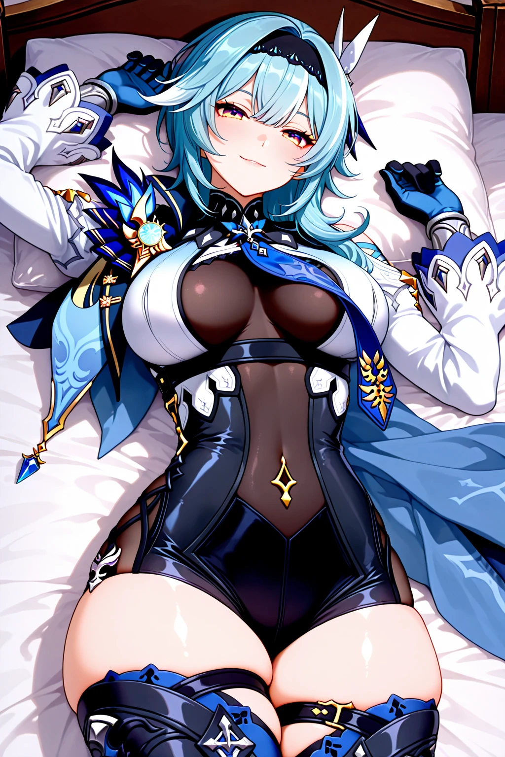 ((masterpiece, best quality)), (1girl),((mature female)), lightblue hair,thighhighs, hairband, thighs, long sleeves, gloves,  bangs, dark golden yellow eyes, medium hair, leotard, hair ornament, black hairband, shoulder cutout, black thighhighs, blue necktie, (large breasts:1.2), (busty),armpits, tying hair,curvy,cleavage,confident, [wide hips],snowing,nature, eula \(genshin impact\), pov, cat ears