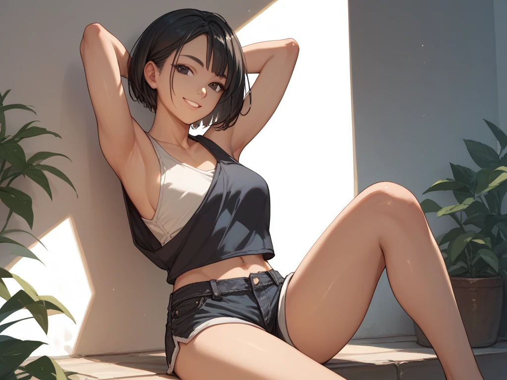 highest quality、Elementary school student bra、Beige shorts、Cute appearance、Stretch your legs in the room、Armpit sweat、Grass、Ecstasy face,(Attractive person), (girl1), (Highly detailed face, smile) , (日本のgirl), Slightly round face, (Tan brown face:1.6), cute, Big eyes、2D,highest quality,(masterpiece),(((Whole body image))),(((Head to toe on screen:1.2))),(((Aya Shameimaru:1.5))),(Very, very short hair:1.6),(hair over one eye:1.6),((black hair)),(Healthy brown skin:1.8),((Denim Hot Pants are green in color)),Leather Belt,(Sports Bra),Shining bare feet,barefoot,Beautiful brown eyes,(Attractive thighs:1.6),Sloppy body type,Bedroom,Get drunk,Upward glance,cheeks are bright red,あざとcute,天使のようなsmile,A big smile,Close your eyes and laugh,Erotic look,Large drops of sweat all over the body,humid,Waistline、My Room、(sitting cross-legged:1.1),(Angle shot from directly above:1.2),sitting cross-leggedポーズ,Angle to emphasize the buttocks,Sole、