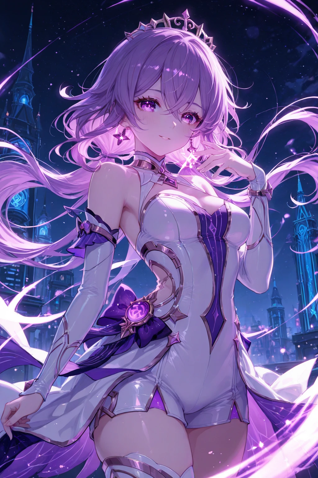 (masterpiece), (best quality), (super detailed), a girl, Blush, small, young, Beautifully, doorway, Attention on Girls,lilac hair,Amethyst eyes,Serious expression,Living Doll,Height,White skin as smooth as cream,Very tender,Curvy and graceful,Tight abdomen,Tightened female waist,Slender legs,small ass